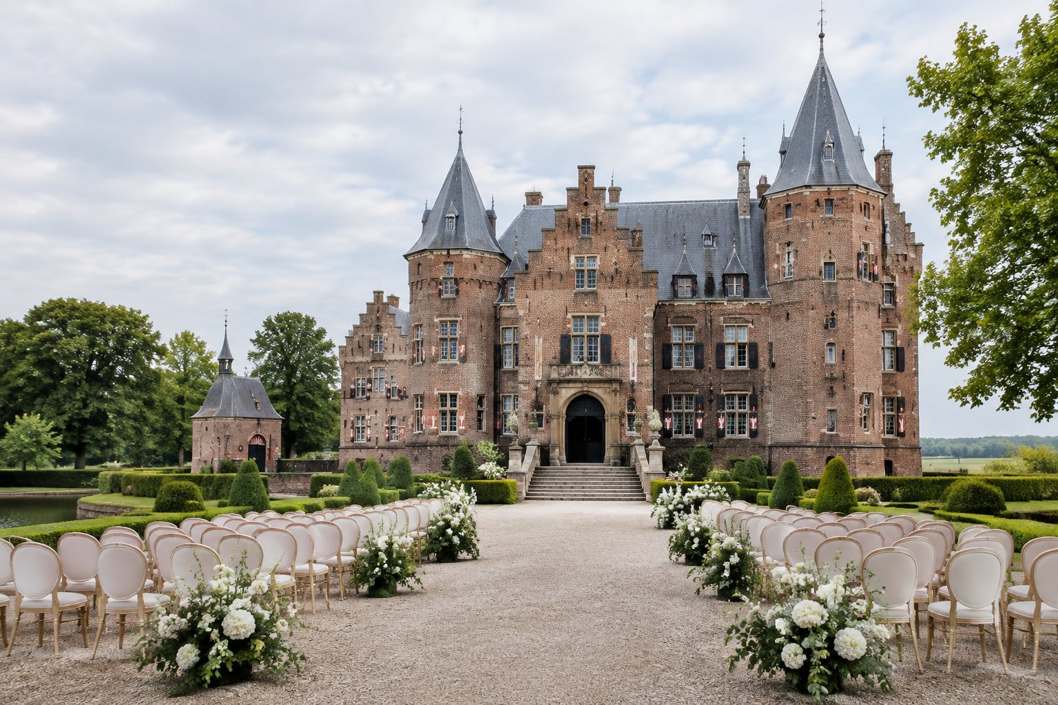 A historic Dutch castle surrounded by gardens with an outdoor wedding ceremony setup.