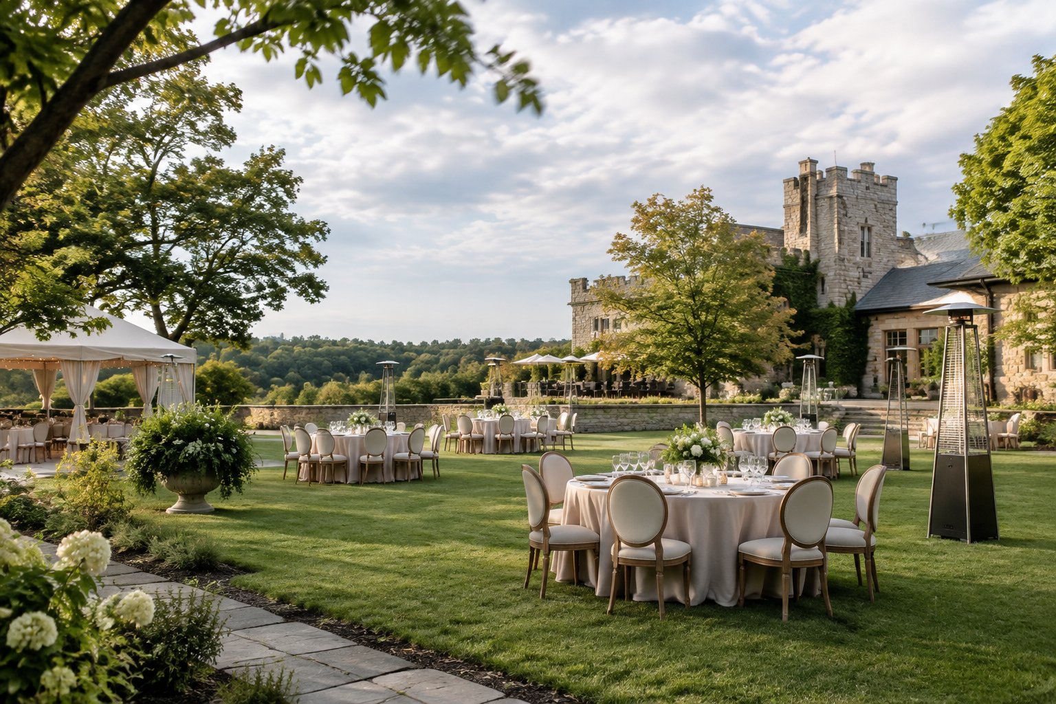 An elegant outdoor wedding reception arranged with comfortable seating and weather-ready details on the grounds of a historic castle-inspired venue.