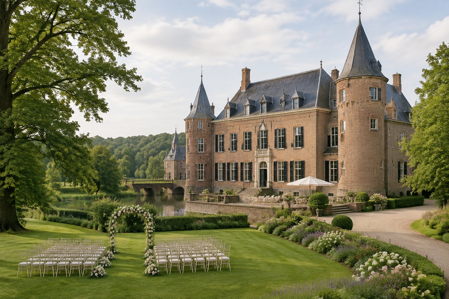 Historic castle wedding venue surrounded by landscaped gardens and trees.
