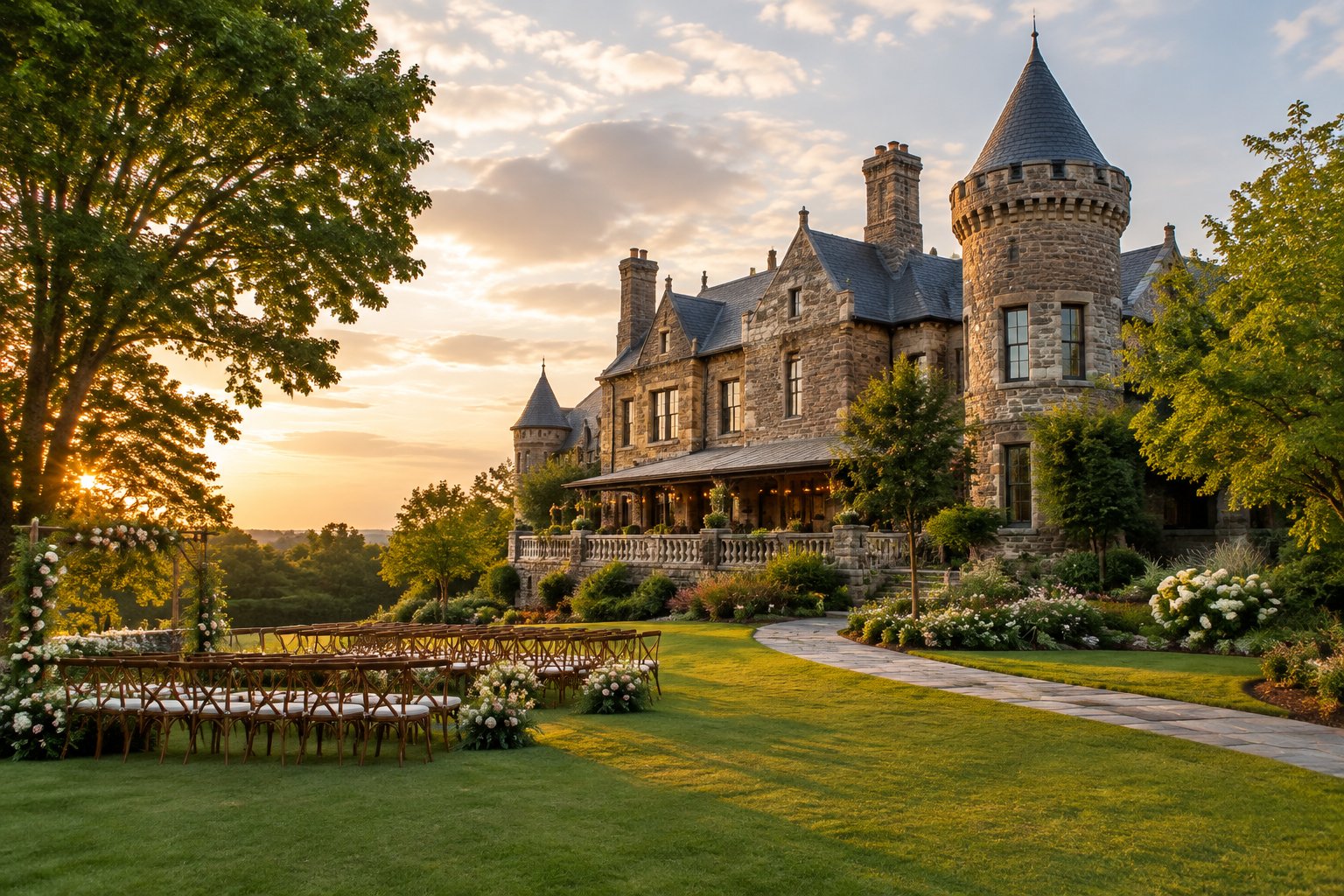 A historic castle-style wedding venue surrounded by landscaped gardens and a romantic outdoor event setting.