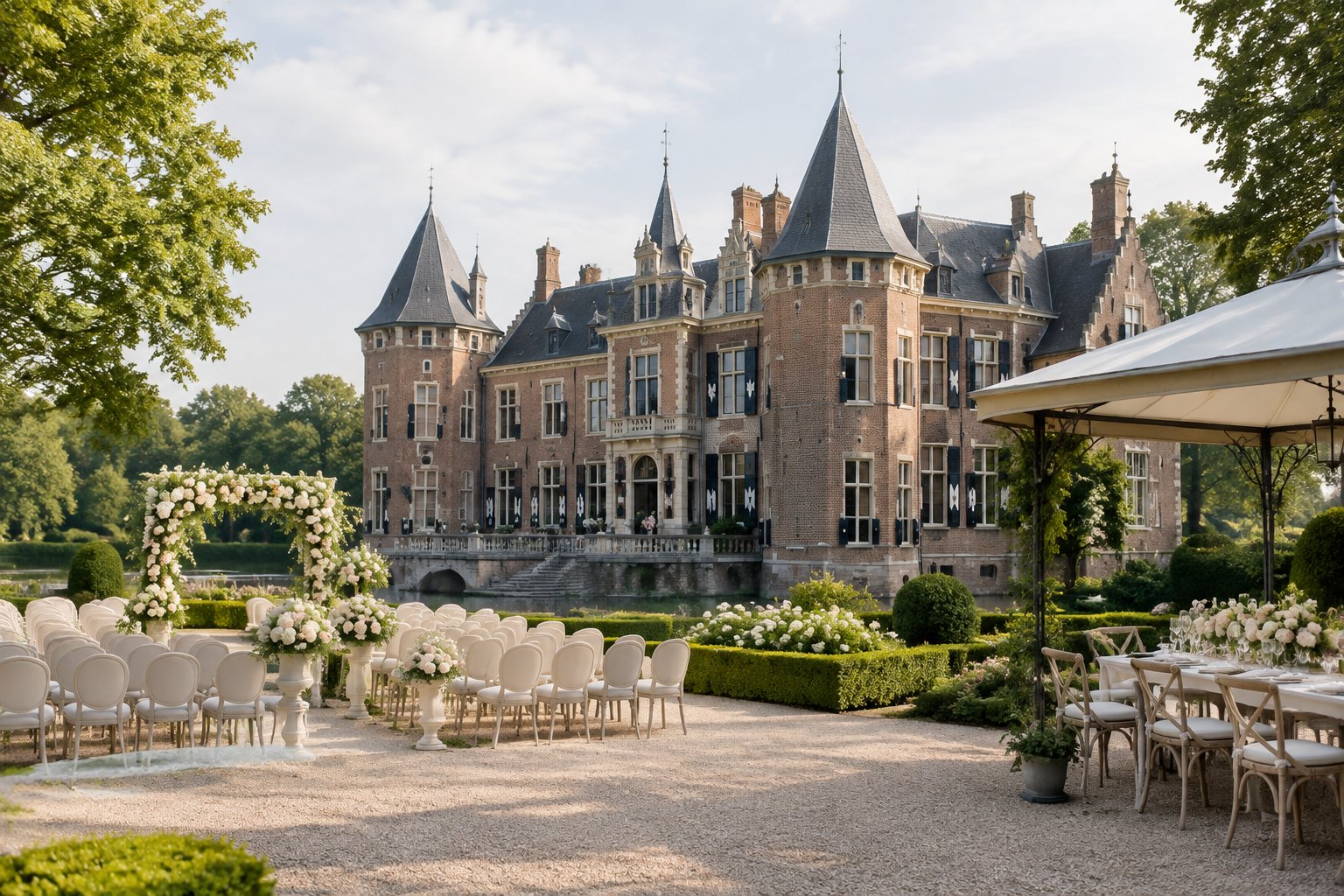 A historic Dutch castle surrounded by landscaped gardens with an elegant outdoor wedding setup.