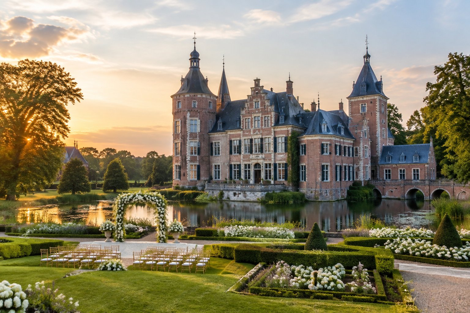 A historic Dutch castle wedding venue surrounded by formal gardens, flowers, and a tranquil pond.