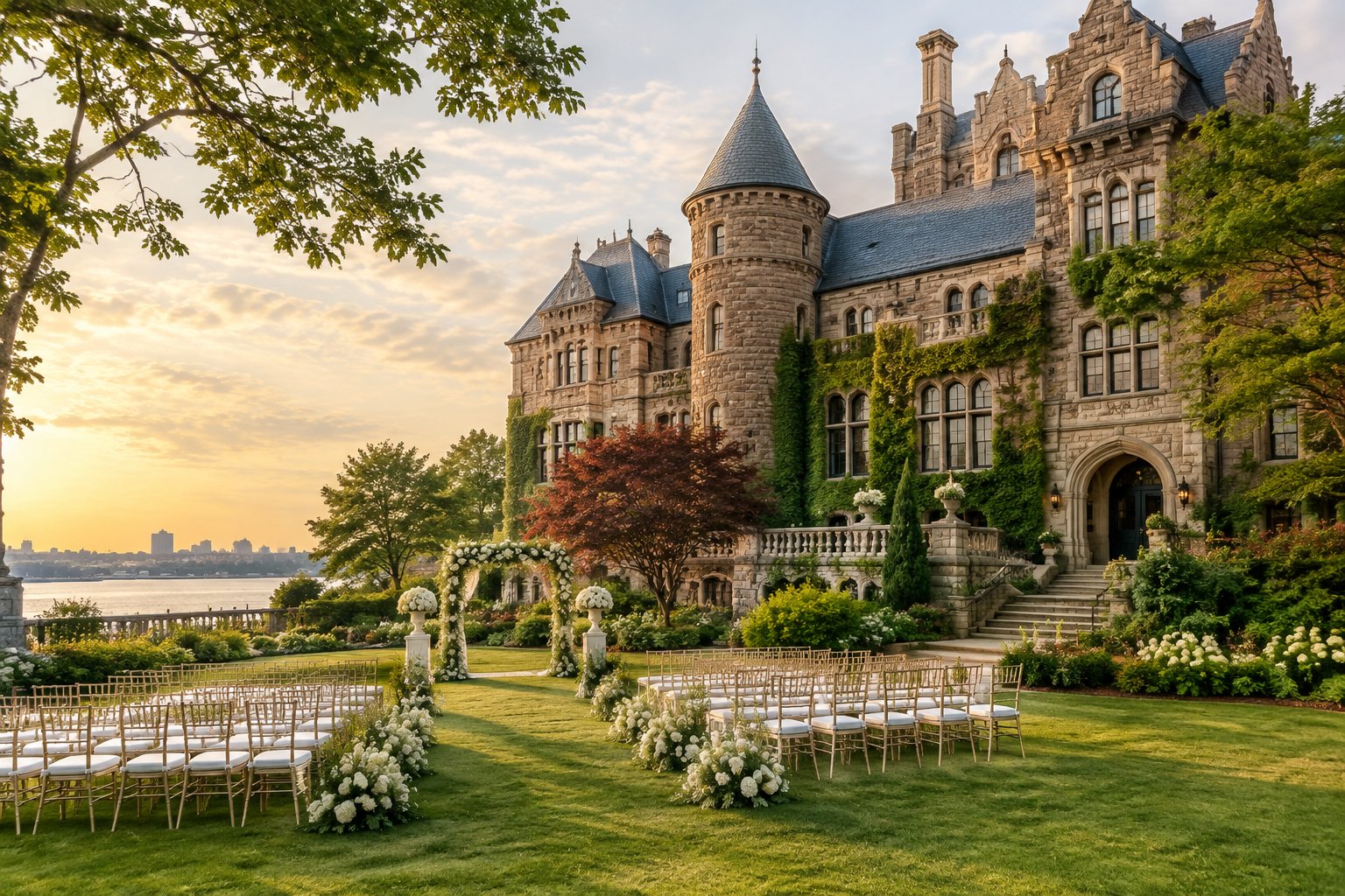 A historic stone castle-style wedding venue with turrets, gardens, and a decorated outdoor ceremony area.