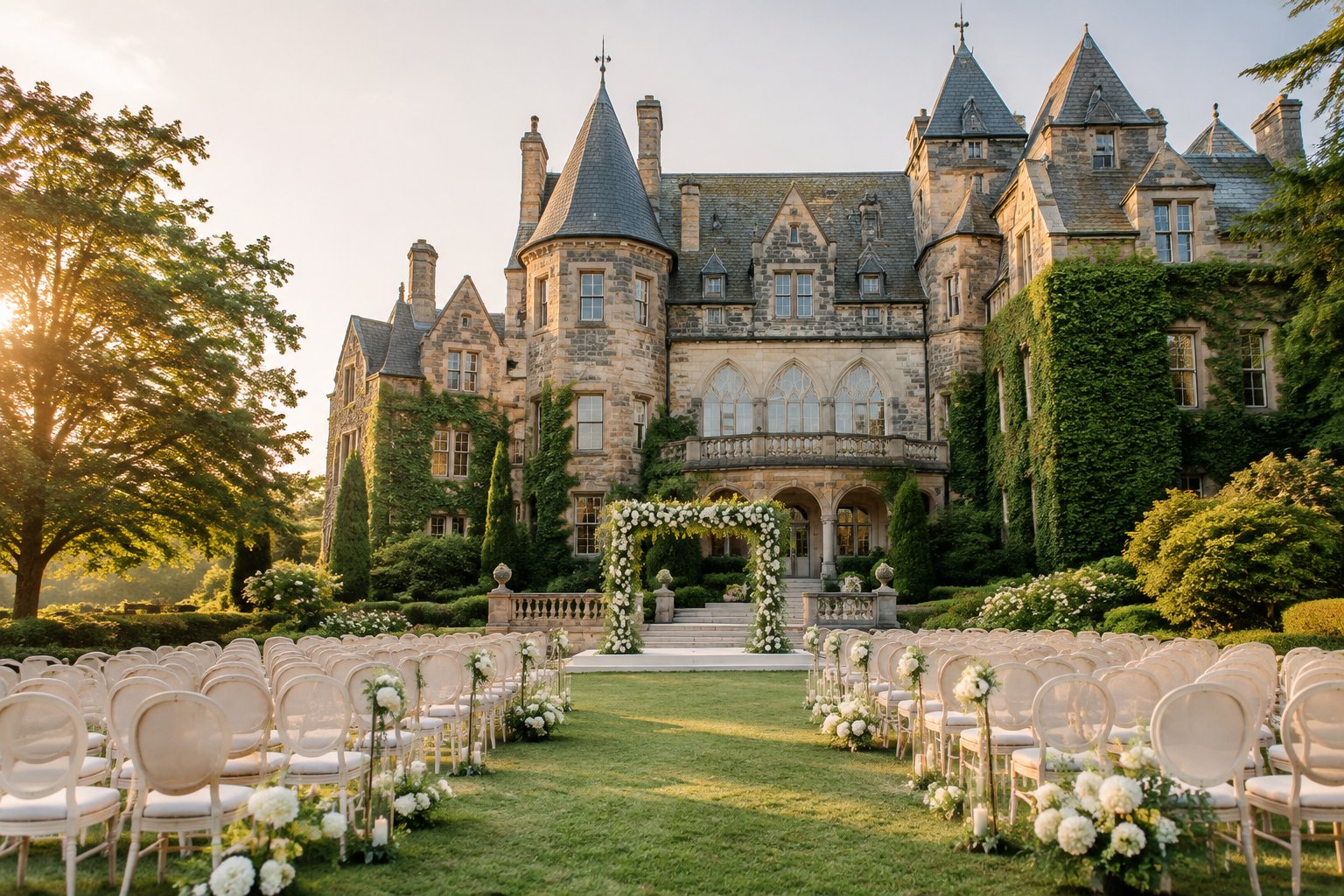 A historic stone castle-style wedding venue with turrets, gardens, and an outdoor ceremony setup.