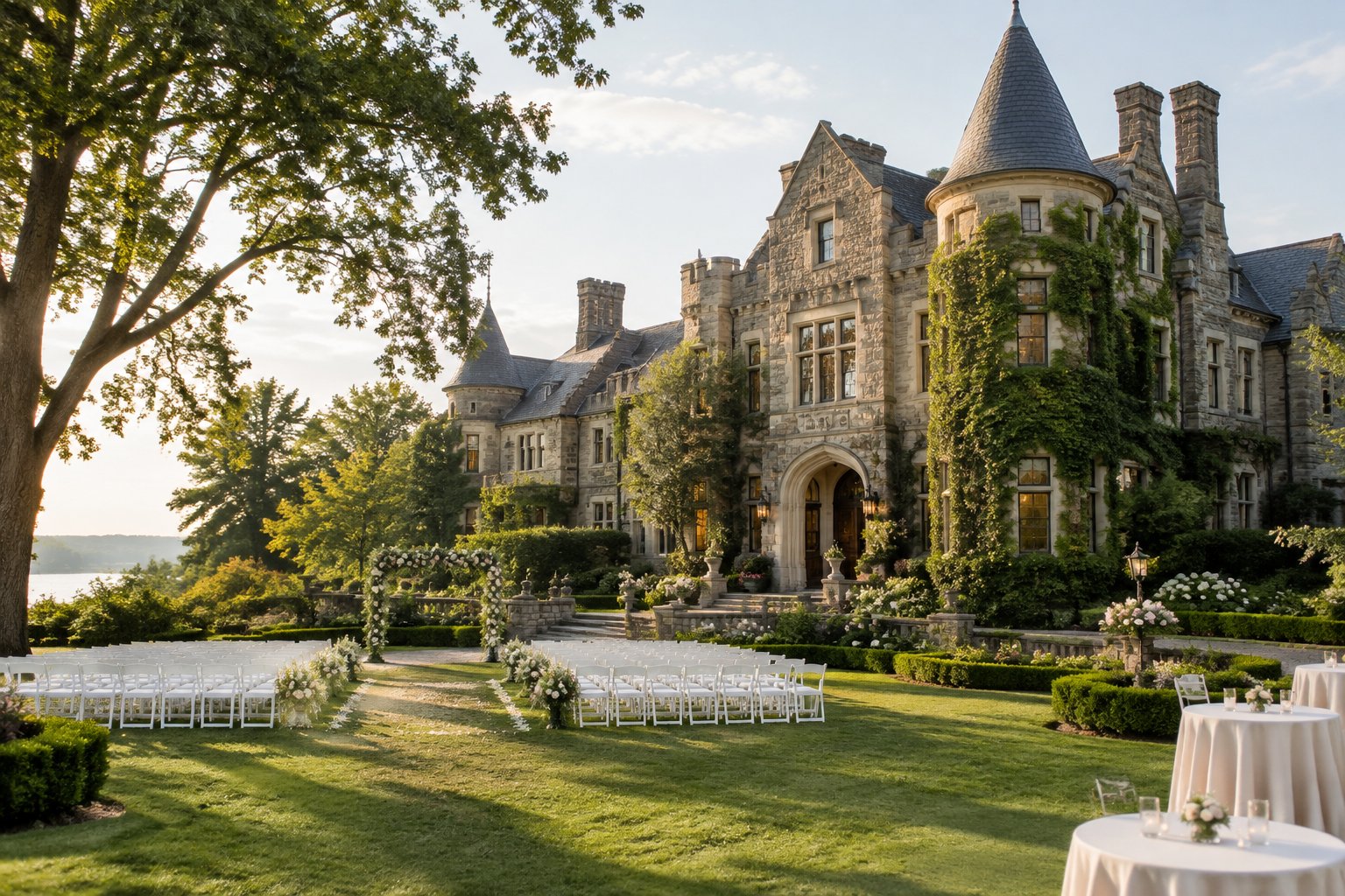 A historic castle-like estate with landscaped gardens and an elegant outdoor wedding setup.