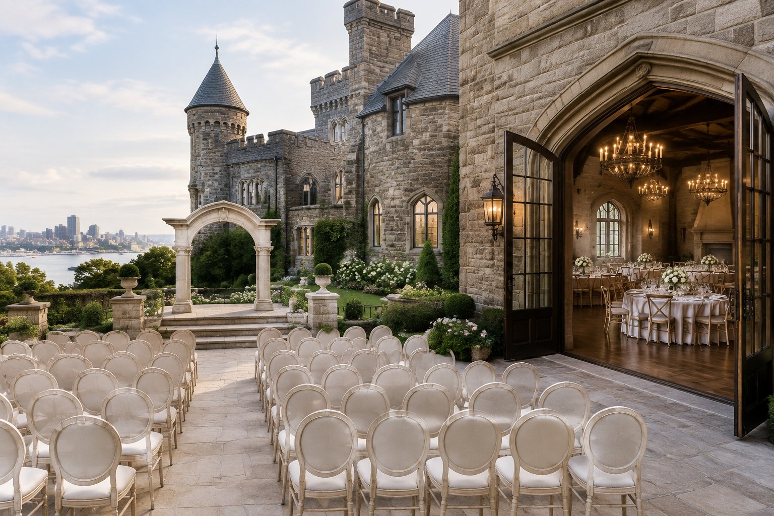 A historic castle wedding venue showing an outdoor ceremony area beside an elegant indoor reception hall.