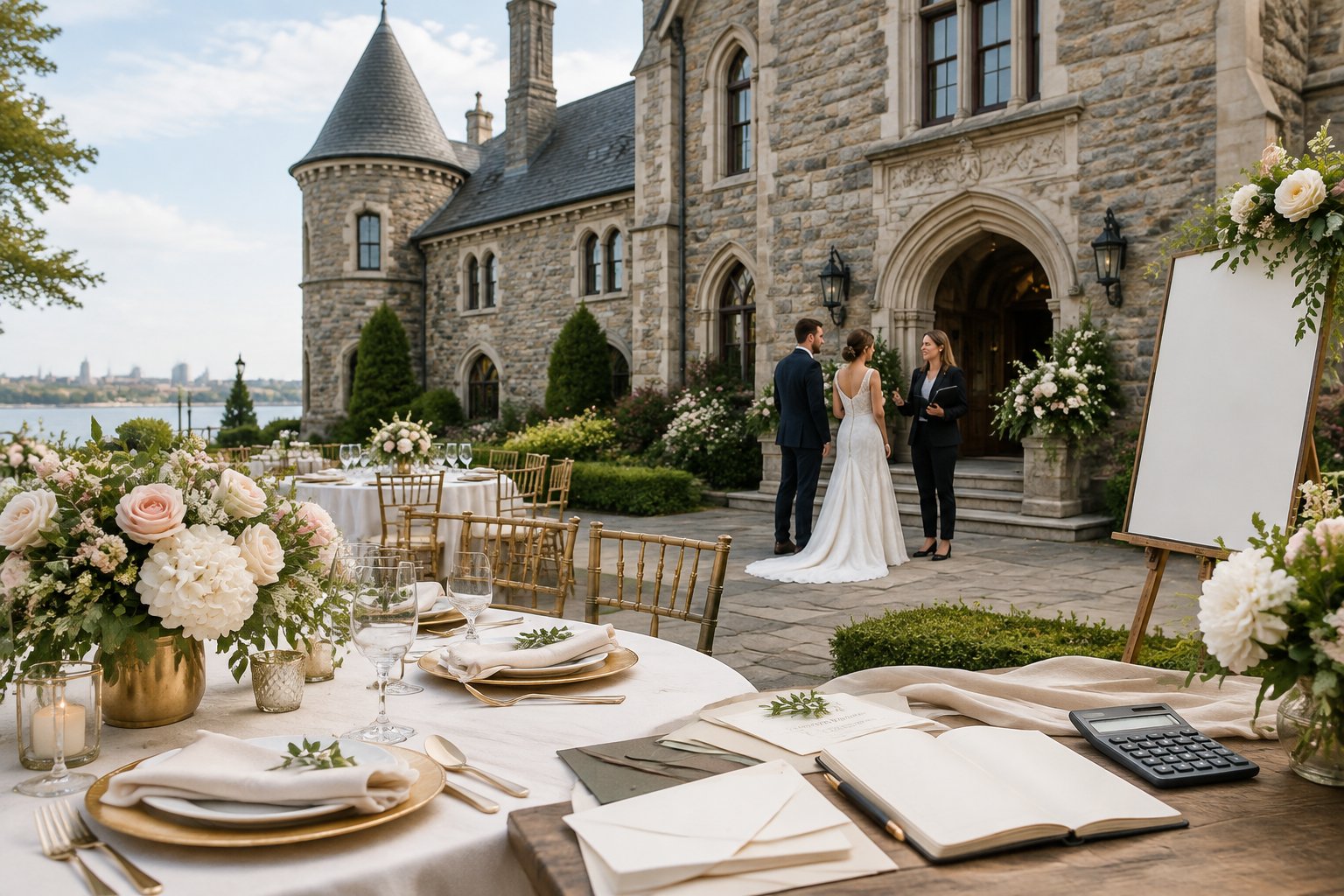 A couple and wedding planner prepare an elegant outdoor ceremony at a historic castle-like venue.