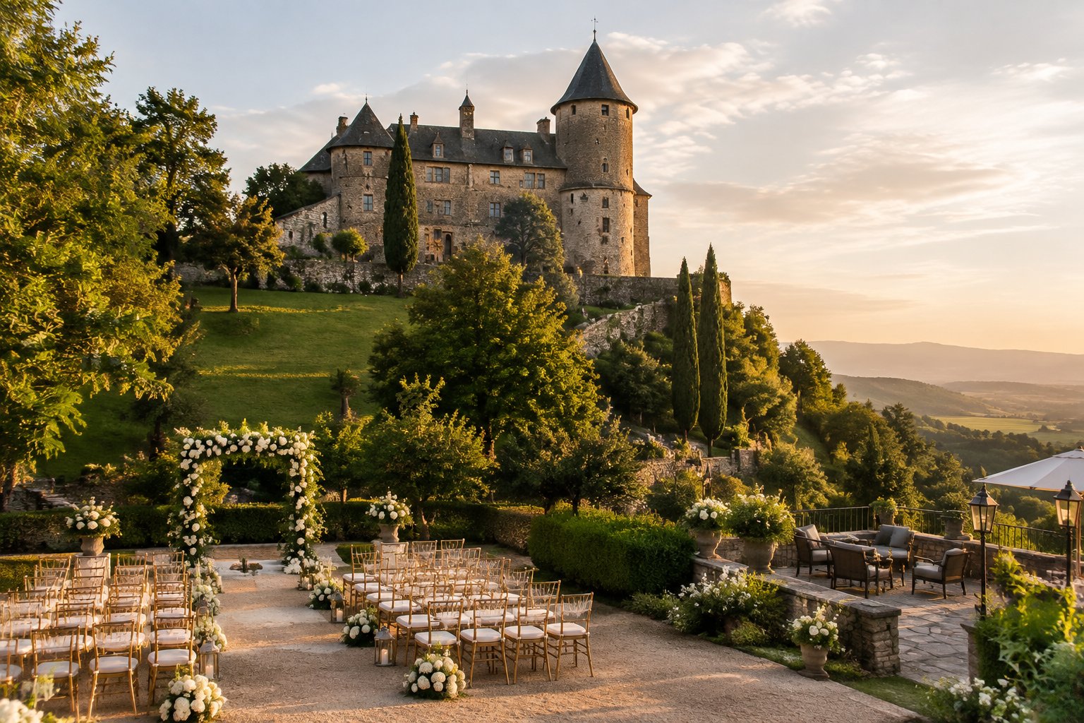 A historic castle wedding venue on a green hill with gardens, ceremony chairs, and countryside views.