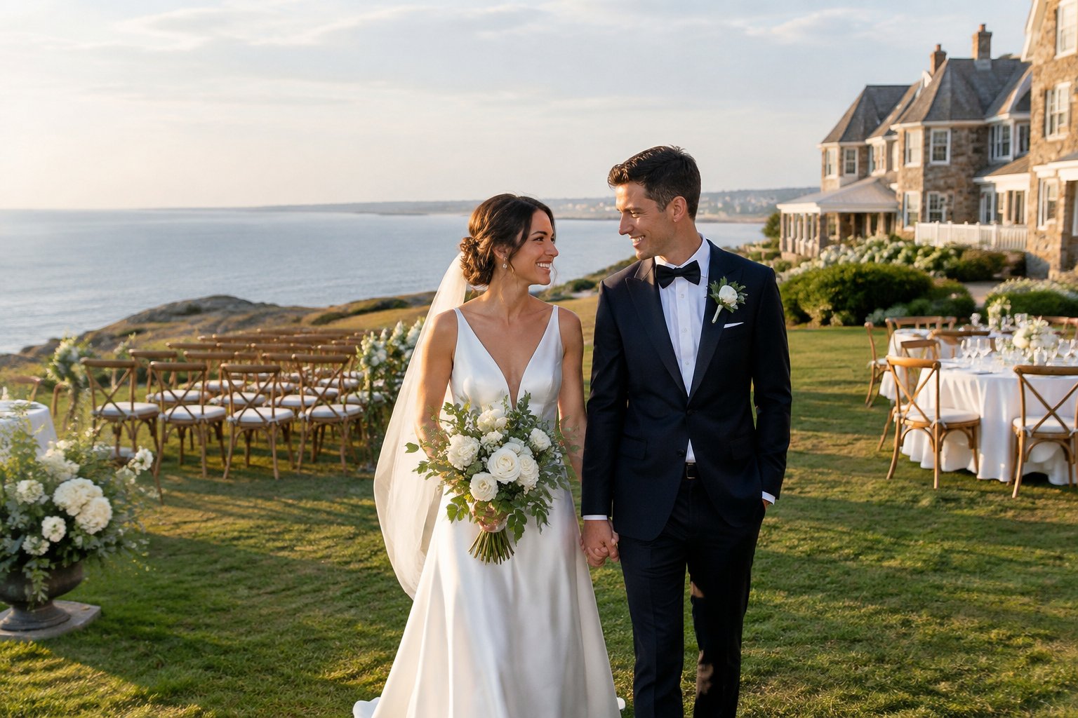 A bride and groom stand outside a historic coastal inn after their wedding ceremony, with floral decorations, guests’ chairs, and ocean views behind them.