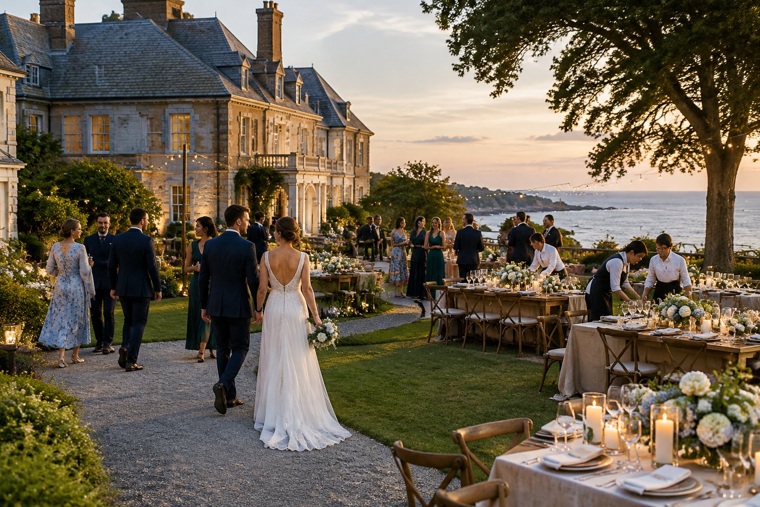 A newlywed couple and guests gather for an elegant outdoor wedding reception at a historic coastal castle estate.
