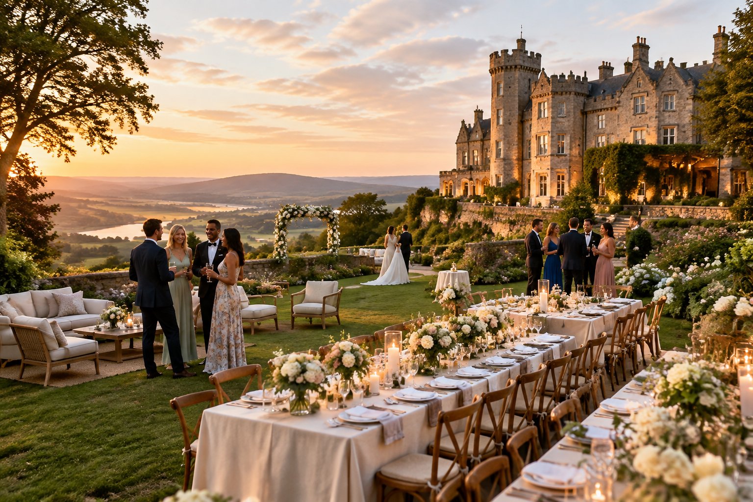Wedding guests gather for a reception at a historic castle on a green hill.