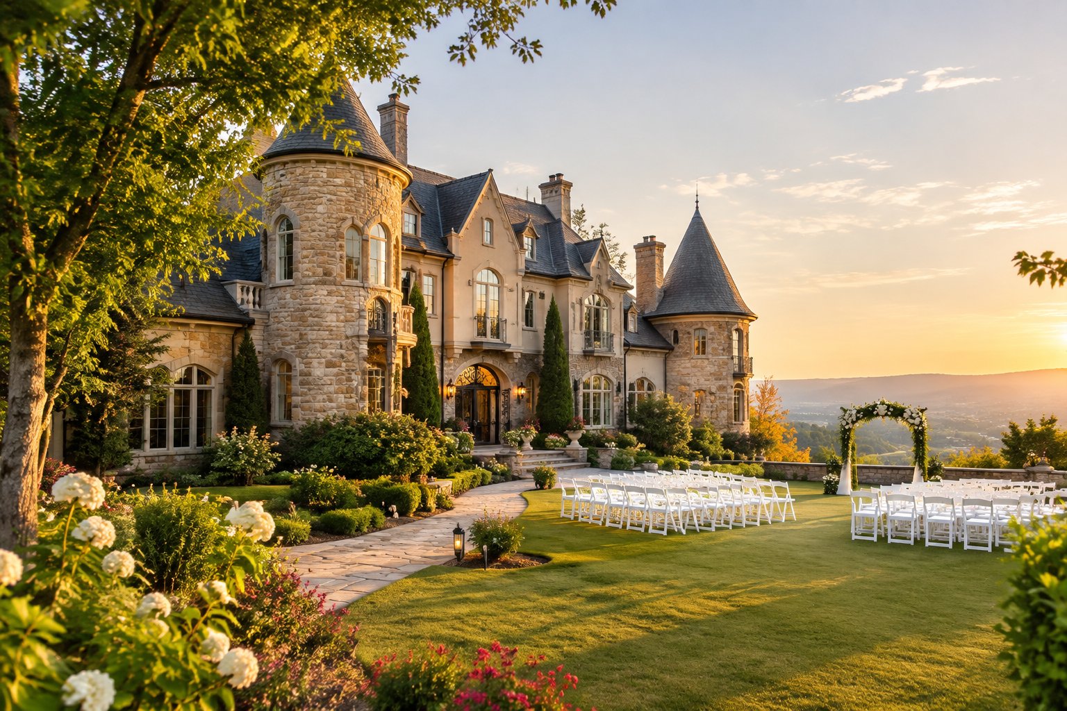A castle-style wedding venue surrounded by landscaped gardens and a small outdoor ceremony setup.