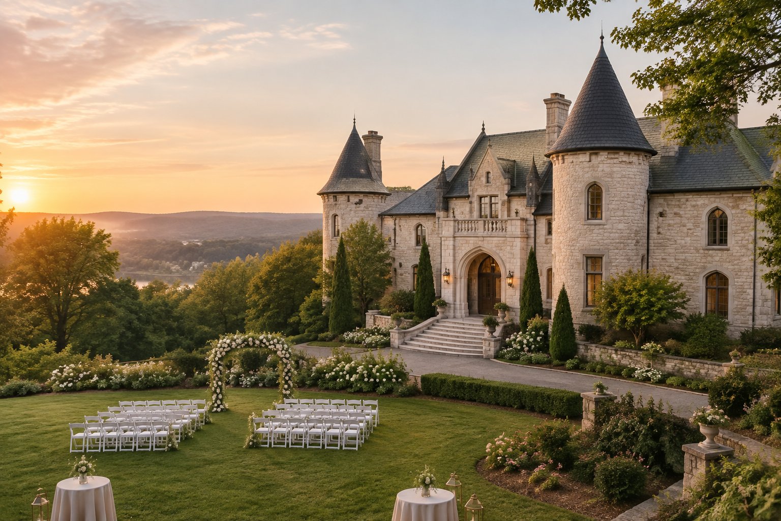 A castle-inspired wedding venue surrounded by gardens and trees with an outdoor ceremony setup.