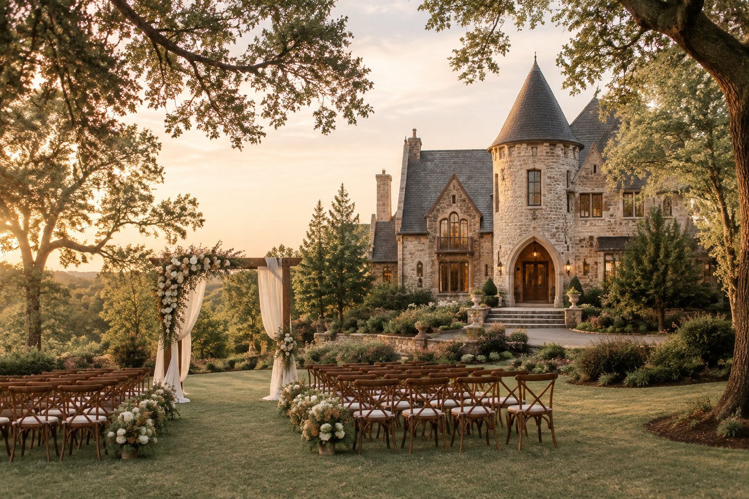 A castle-inspired wedding venue surrounded by oak trees and gardens, with an elegant outdoor ceremony setup.