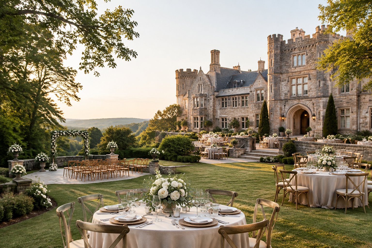 An elegant castle wedding venue with a flexible outdoor ceremony and reception setup on its landscaped grounds.