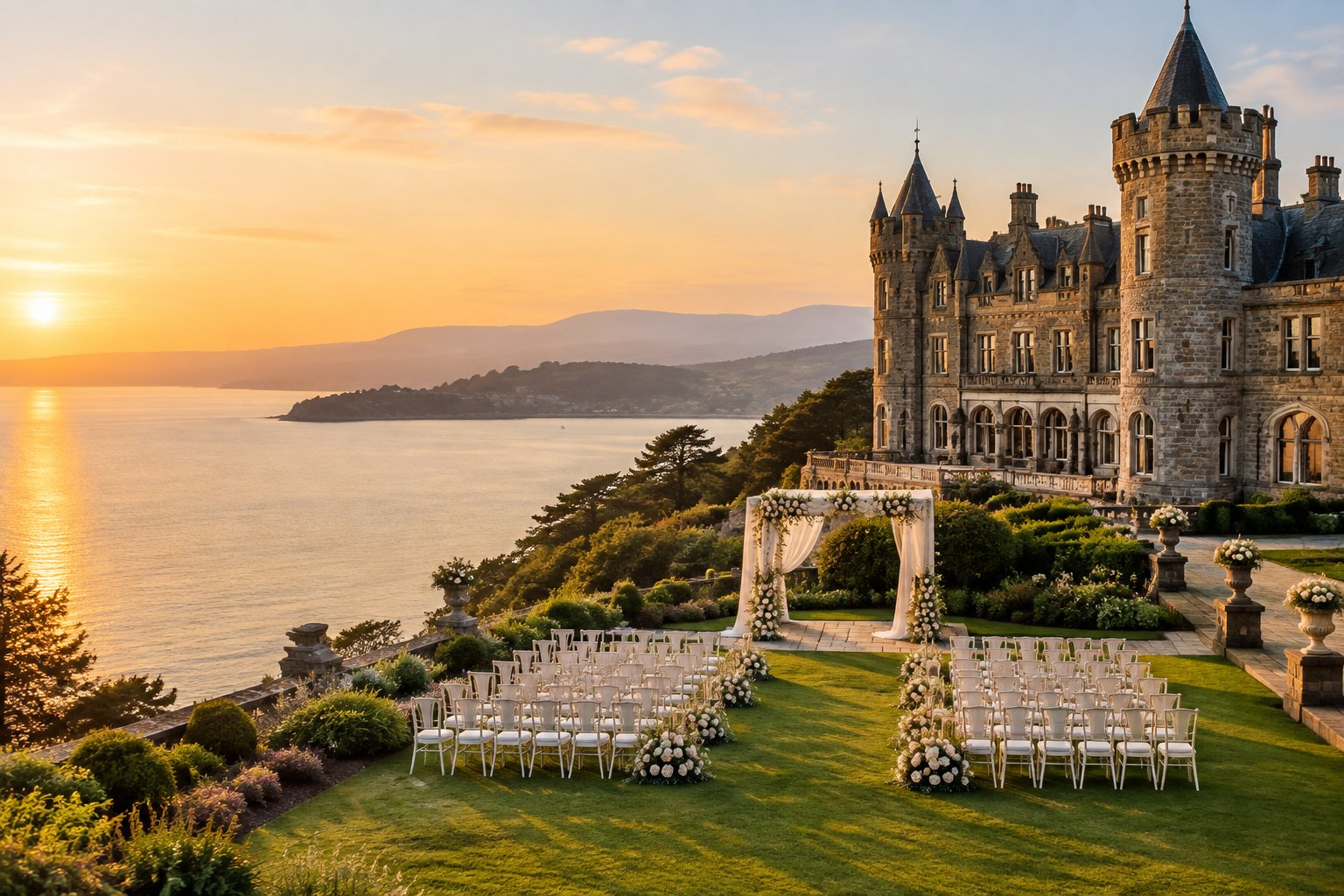 A grand castle wedding venue overlooks a calm bay with a decorated outdoor ceremony area on the lawn.