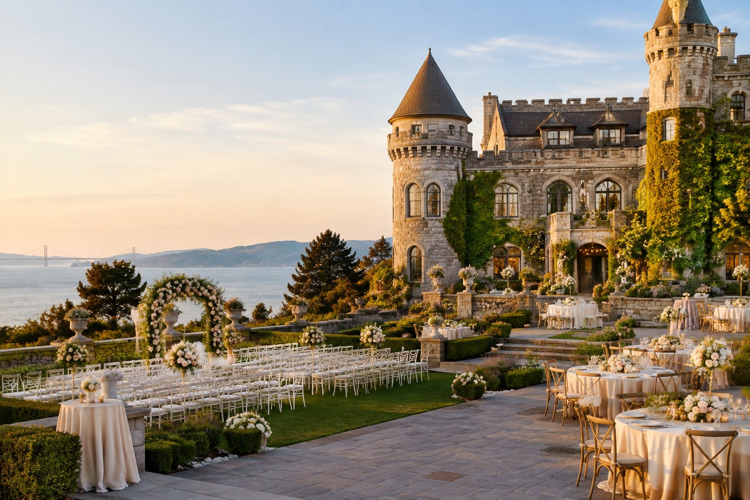 A wedding ceremony set in the landscaped courtyard of a stone castle overlooking a calm bay.