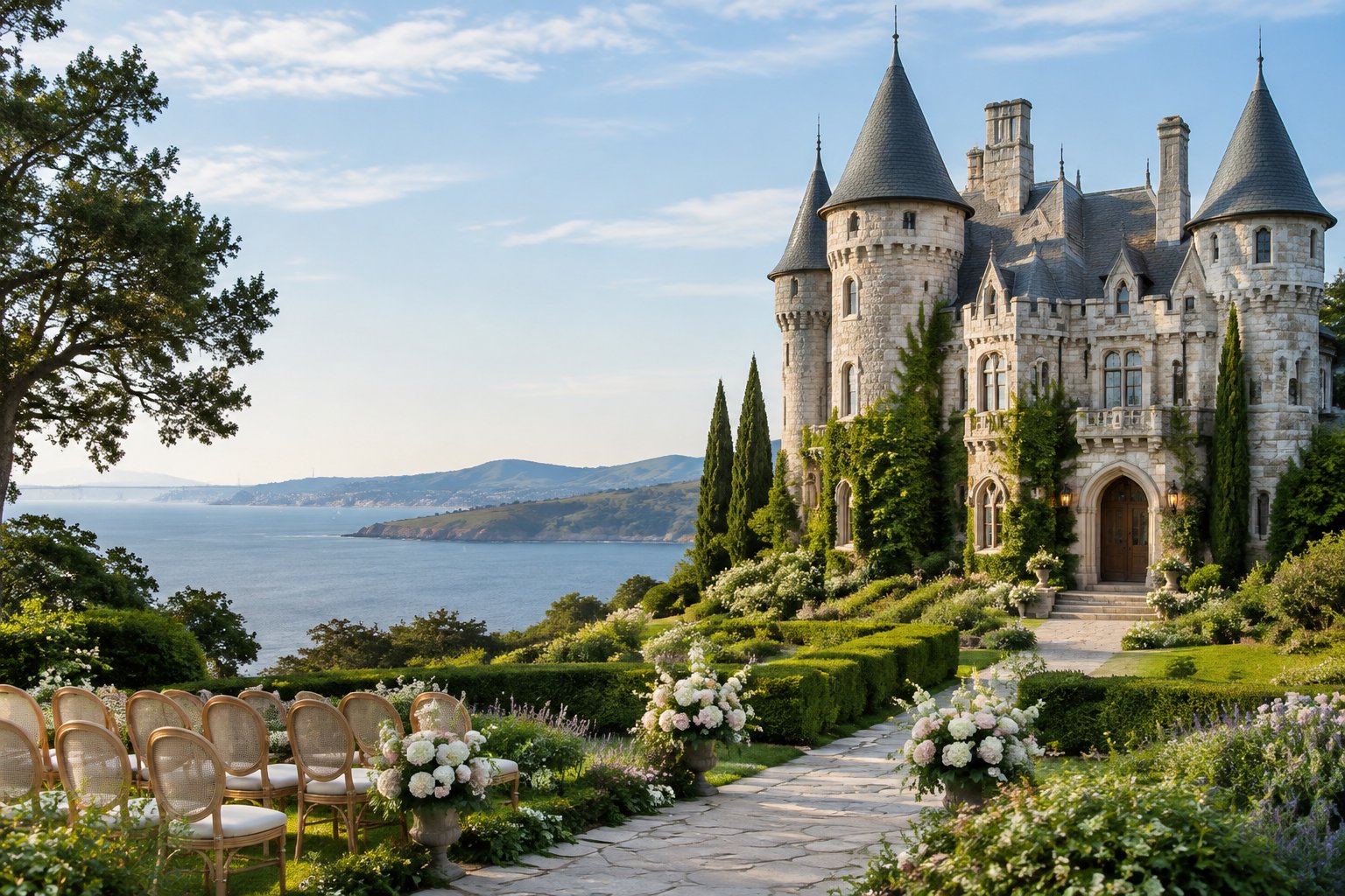 A stone castle wedding venue surrounded by gardens overlooking a calm bay.