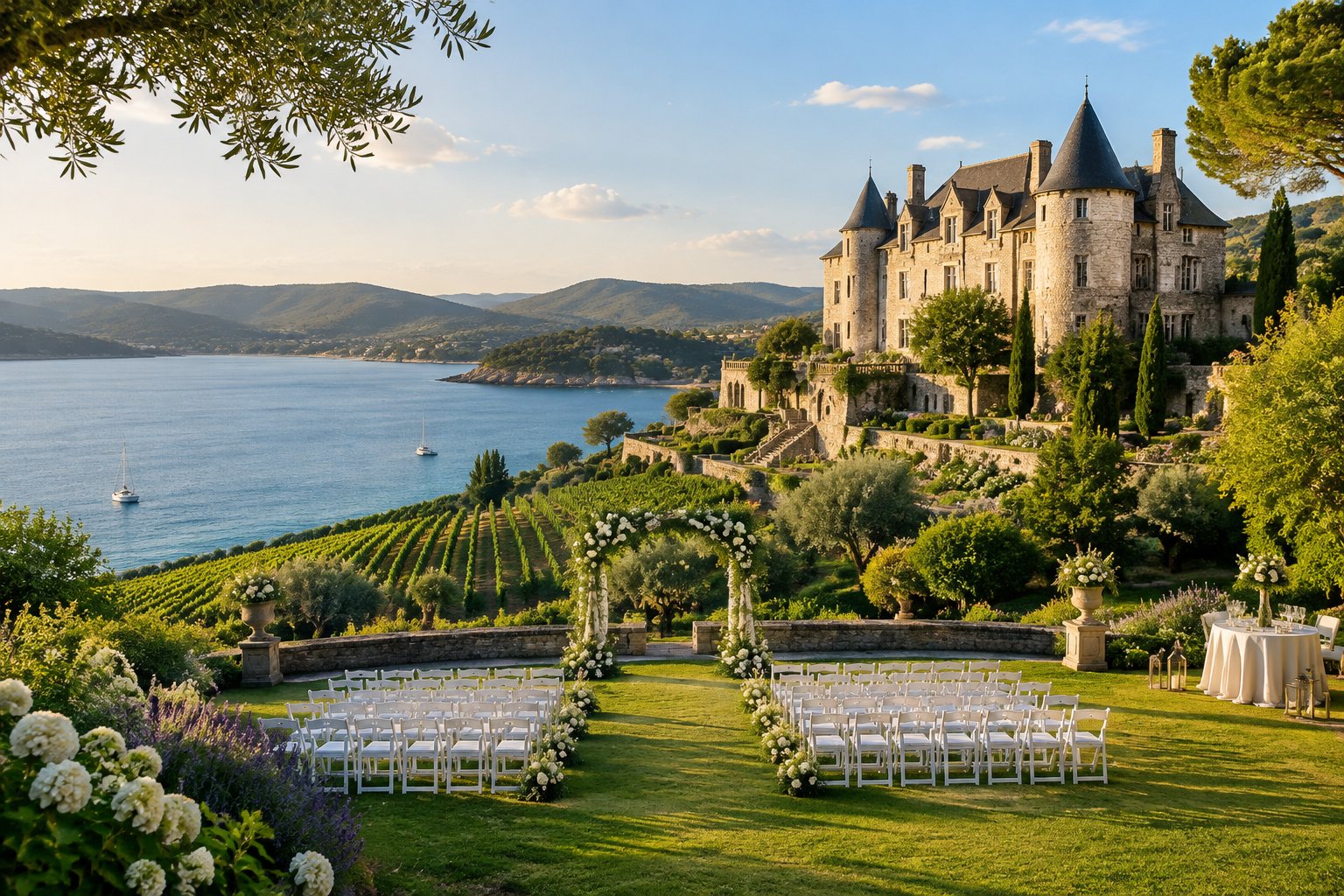 A historic castle overlooks a bay, gardens, vineyards, and an outdoor wedding ceremony area.
