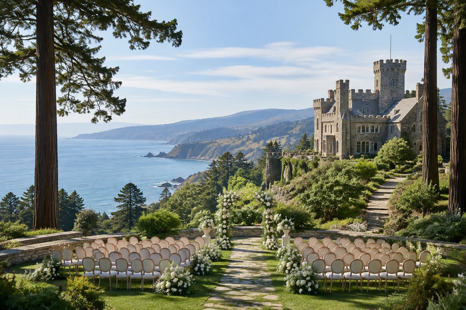 A stone castle wedding venue overlooks a blue coastal bay, surrounded by redwood trees, green hills, and an outdoor ceremony setting.