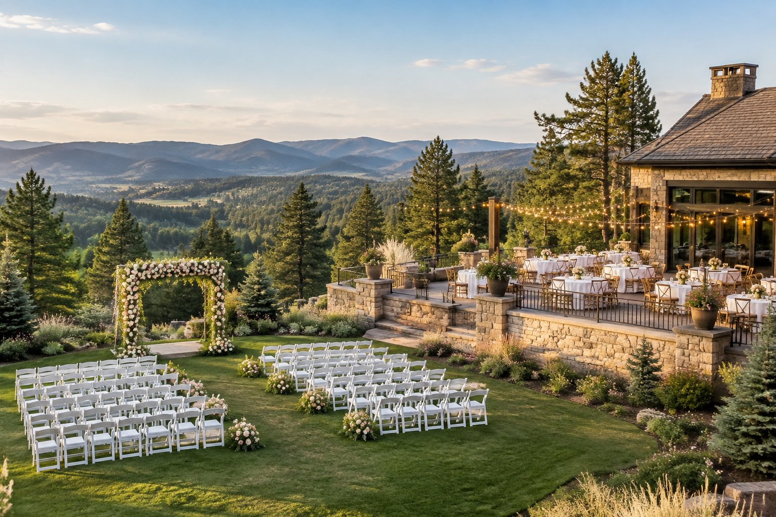 An elegant wedding venue surrounded by pine trees, gardens, and distant mountain foothills, with an outdoor ceremony area and decorated reception terrace.