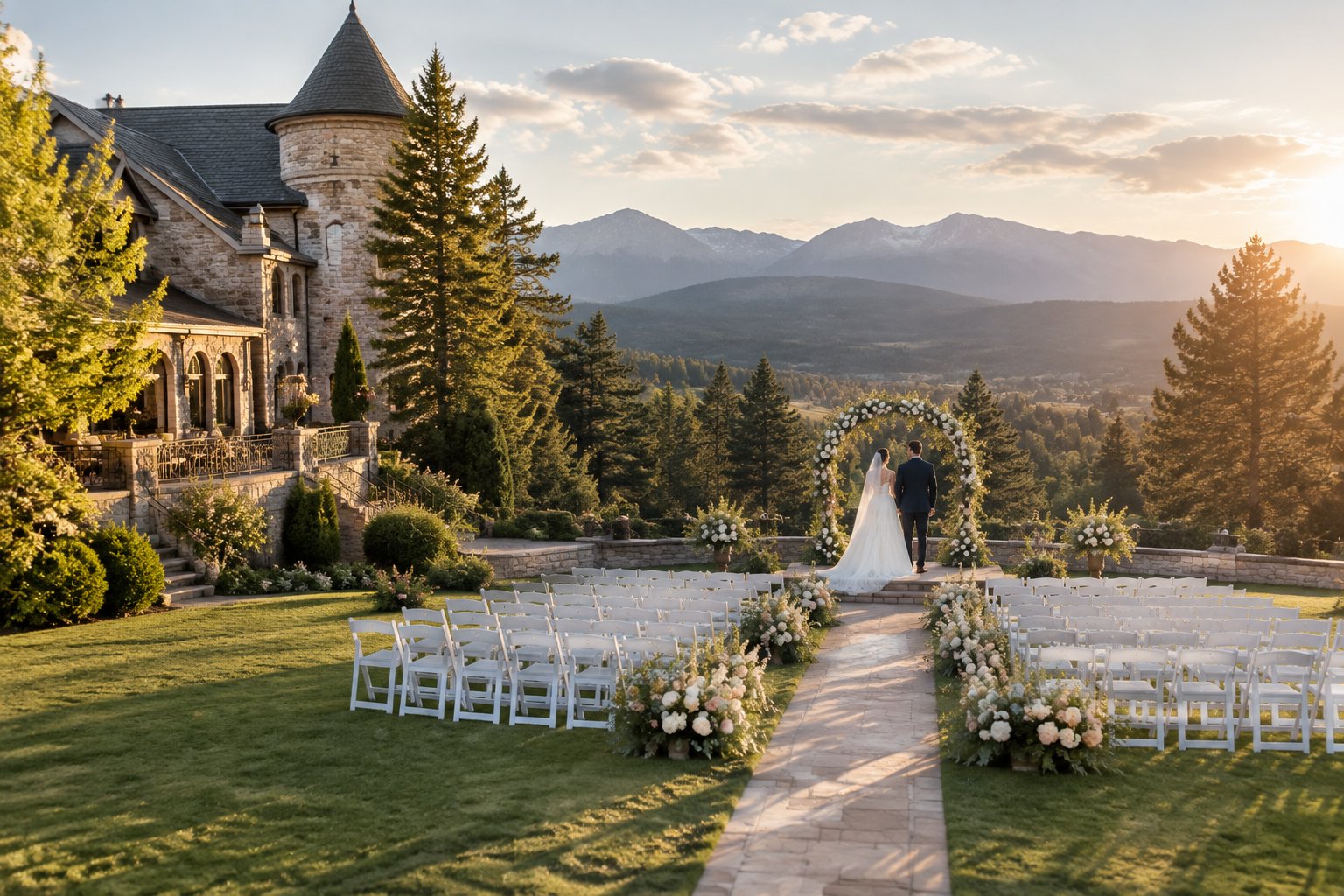 Elegant wedding ceremony setup outside a castle-inspired venue surrounded by pine trees and mountain scenery.