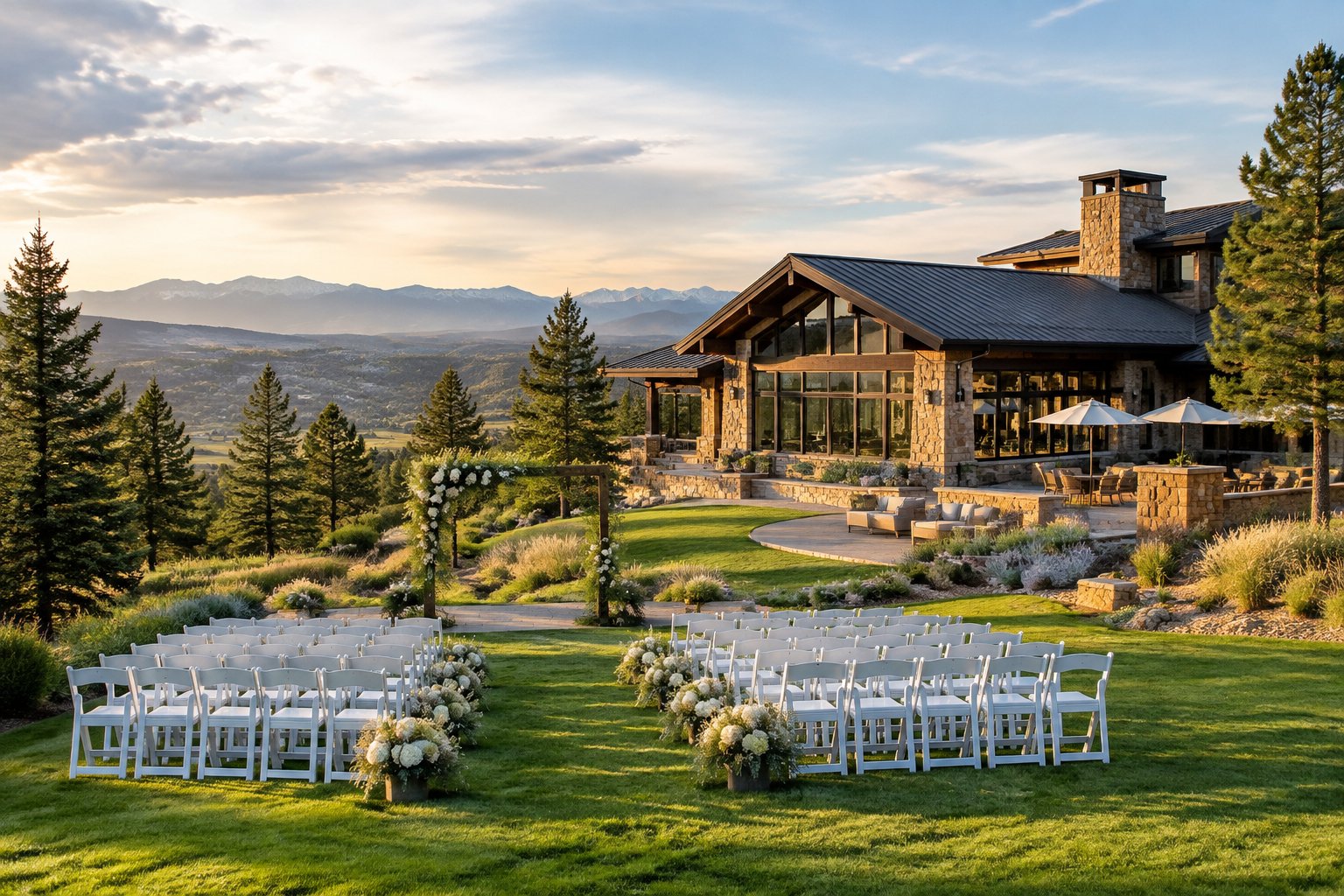Elegant wedding venue surrounded by evergreen trees and mountain scenery, with a floral ceremony arch and rows of white chairs.