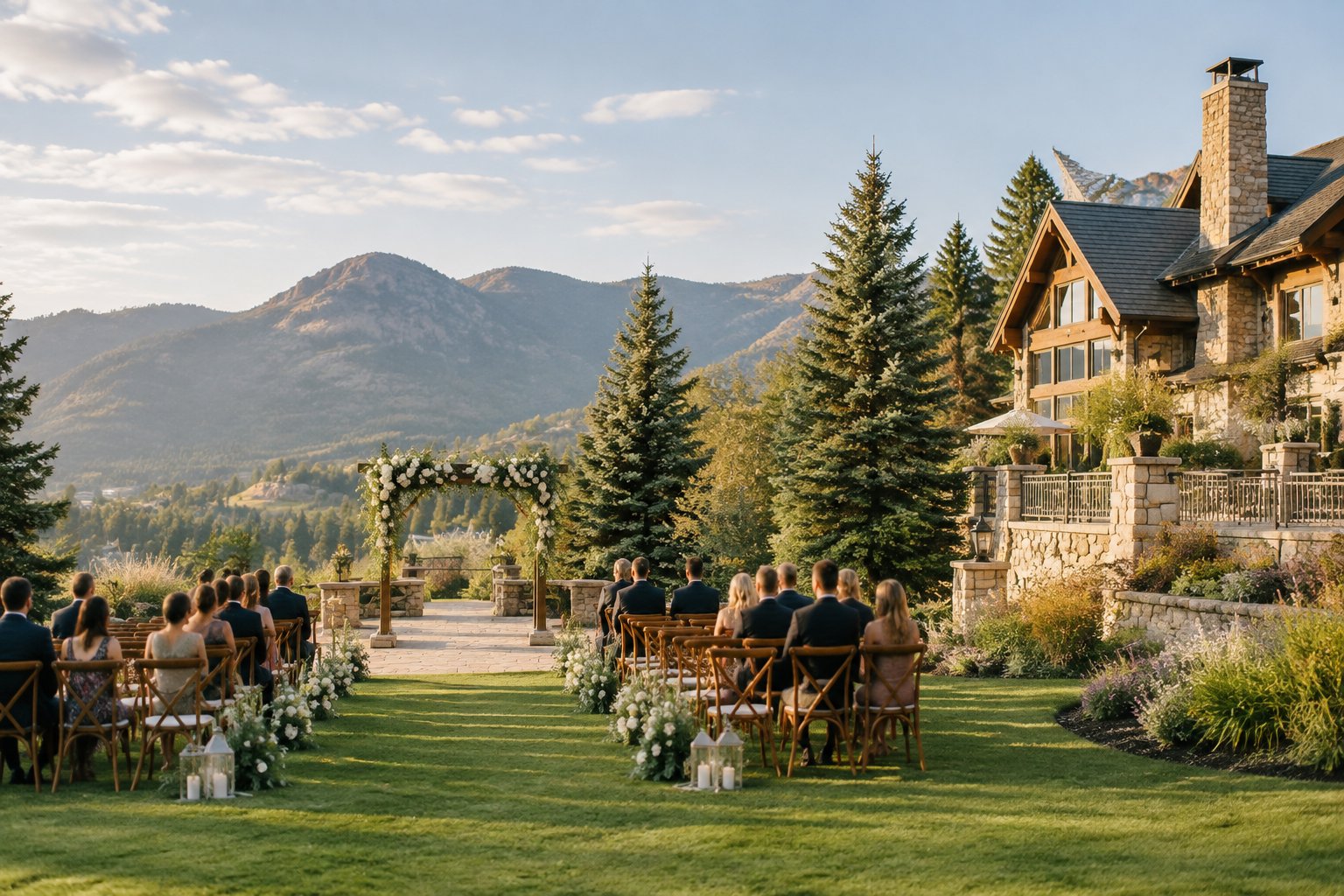 An elegant outdoor wedding ceremony space at a mountain estate surrounded by gardens and evergreen trees.