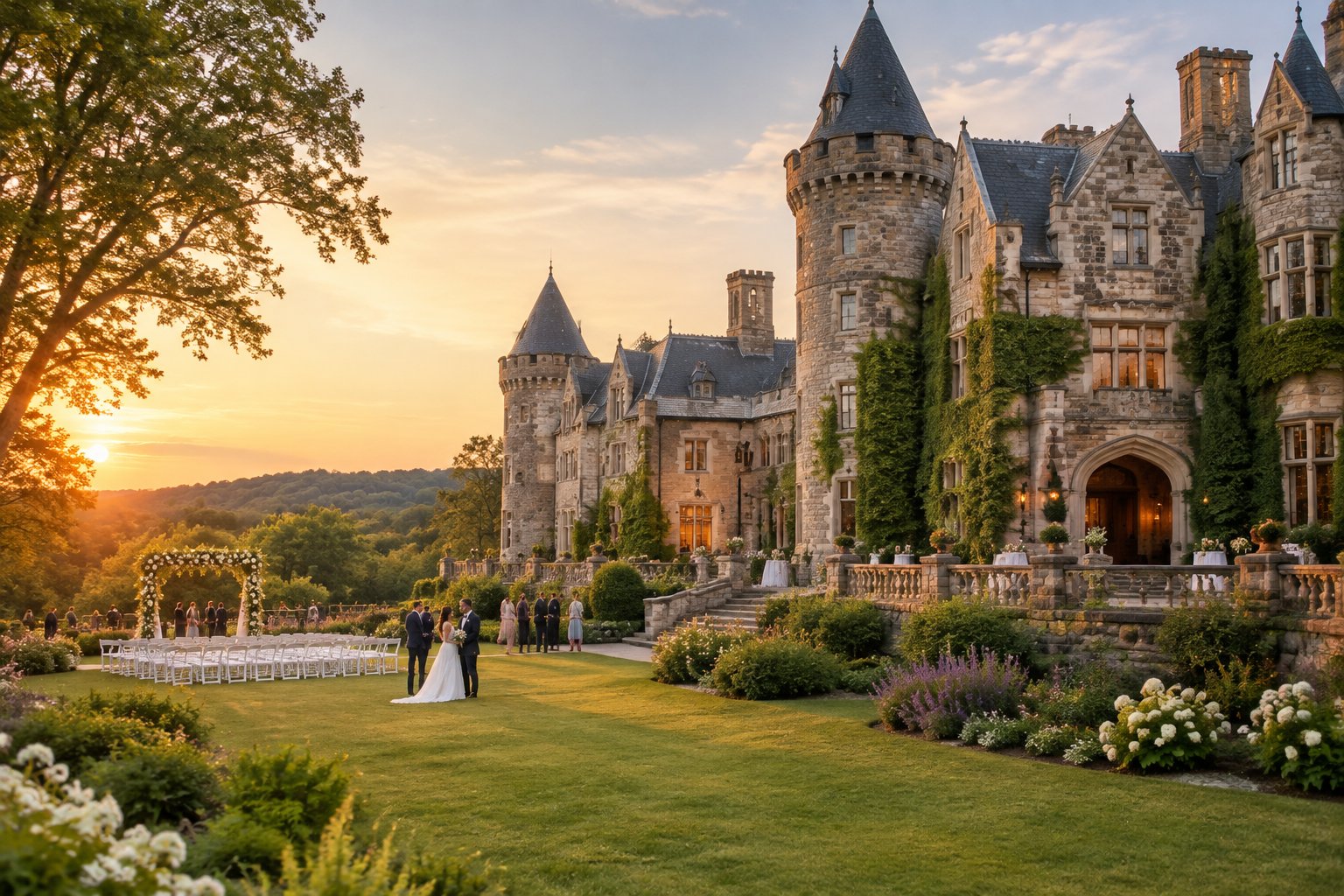 A grand stone castle wedding venue surrounded by gardens, with chairs and a floral arch arranged for an outdoor ceremony.