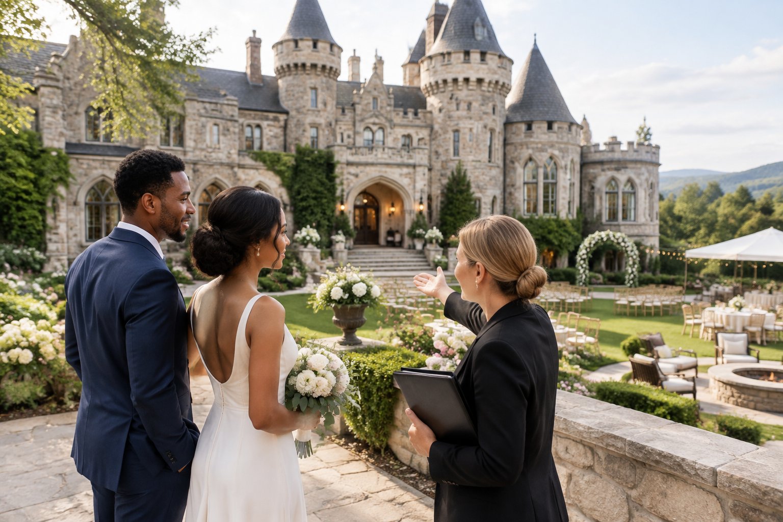An engaged couple and wedding planner explore the grounds of an elegant historic castle wedding venue.