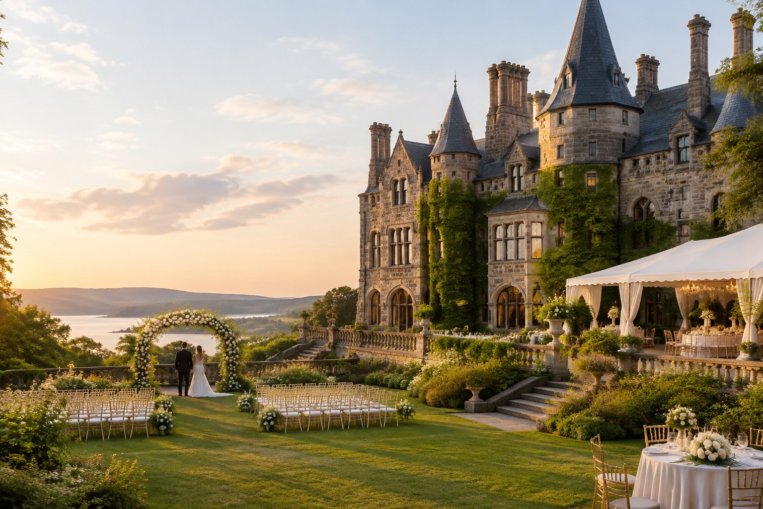 A historic stone castle wedding venue surrounded by formal gardens and an elegant outdoor ceremony setup.