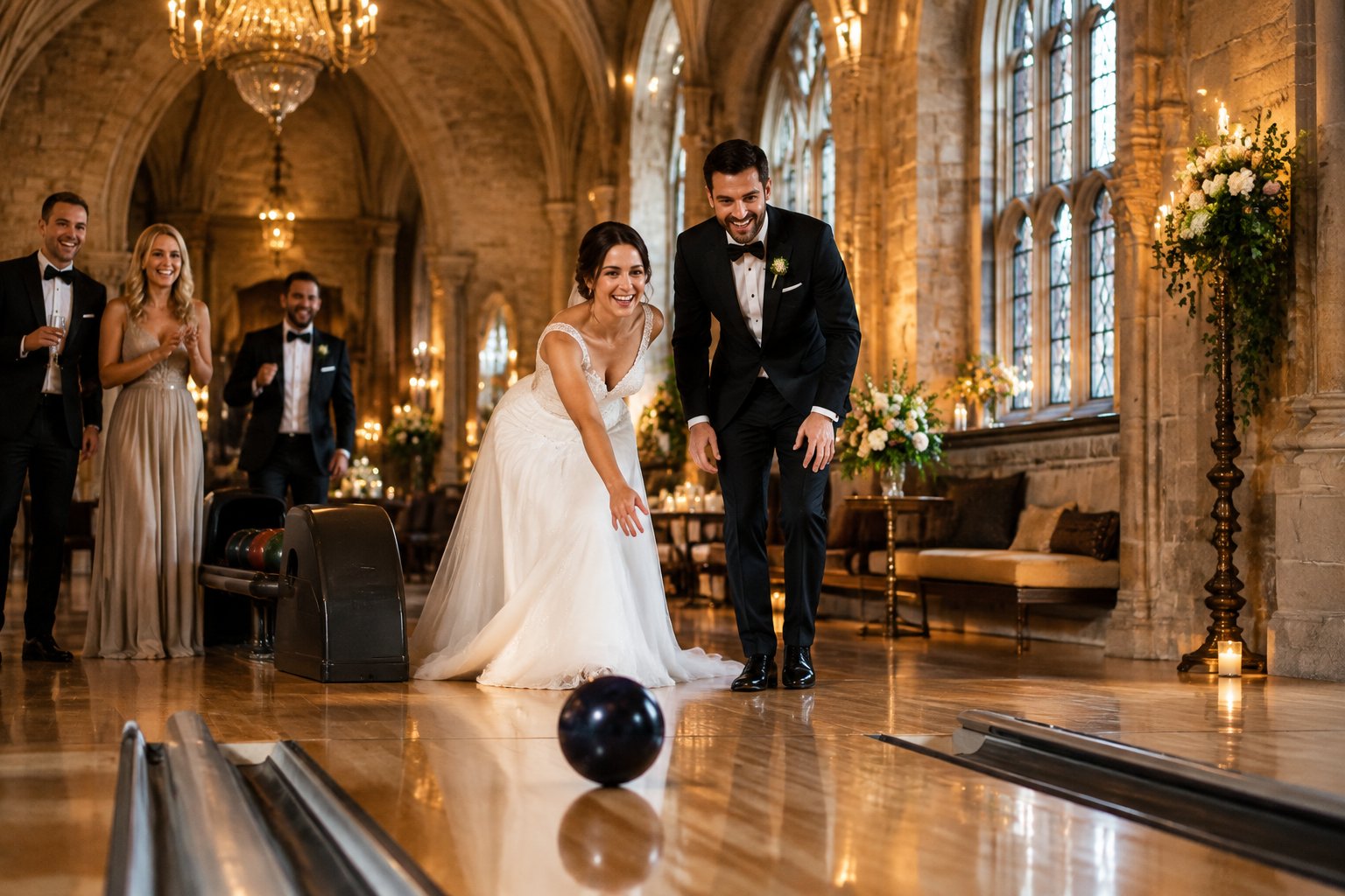 A newlywed couple and wedding guests play bowling inside an elegant historic castle reception venue.