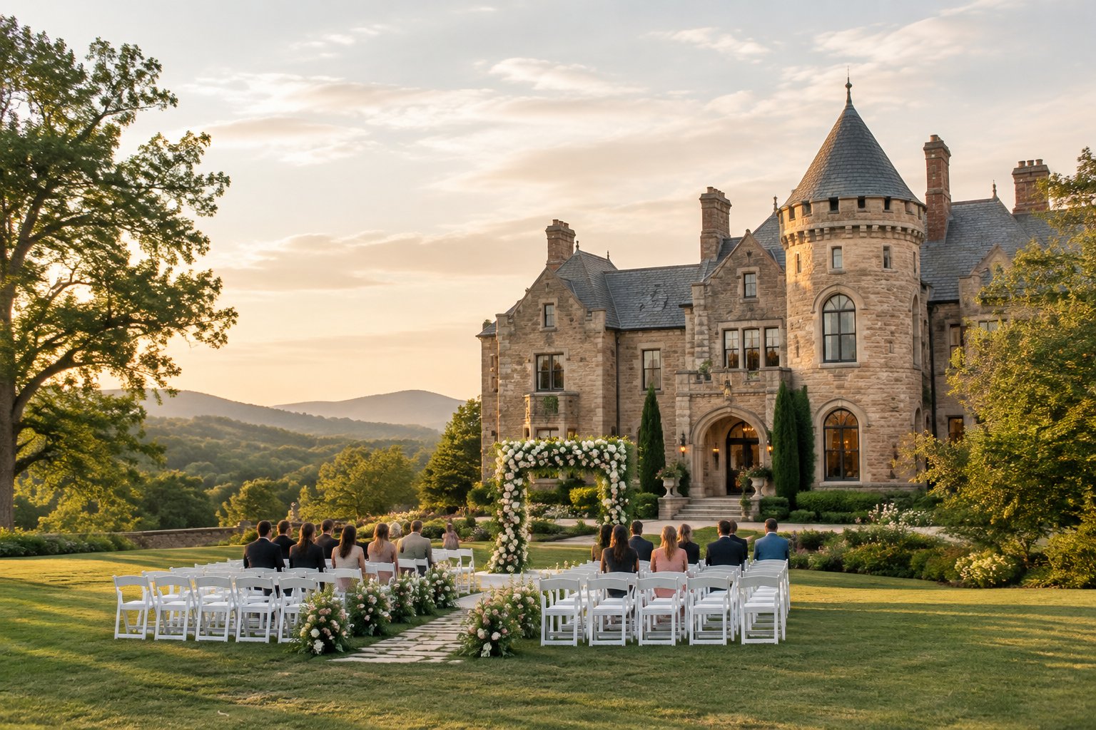 A stone castle wedding venue overlooks a landscaped lawn prepared for an outdoor ceremony.