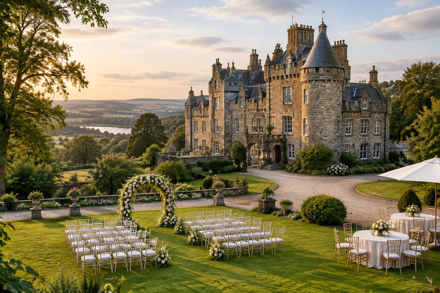 A historic castle wedding venue surrounded by landscaped grounds with a floral ceremony arch and rows of white chairs.