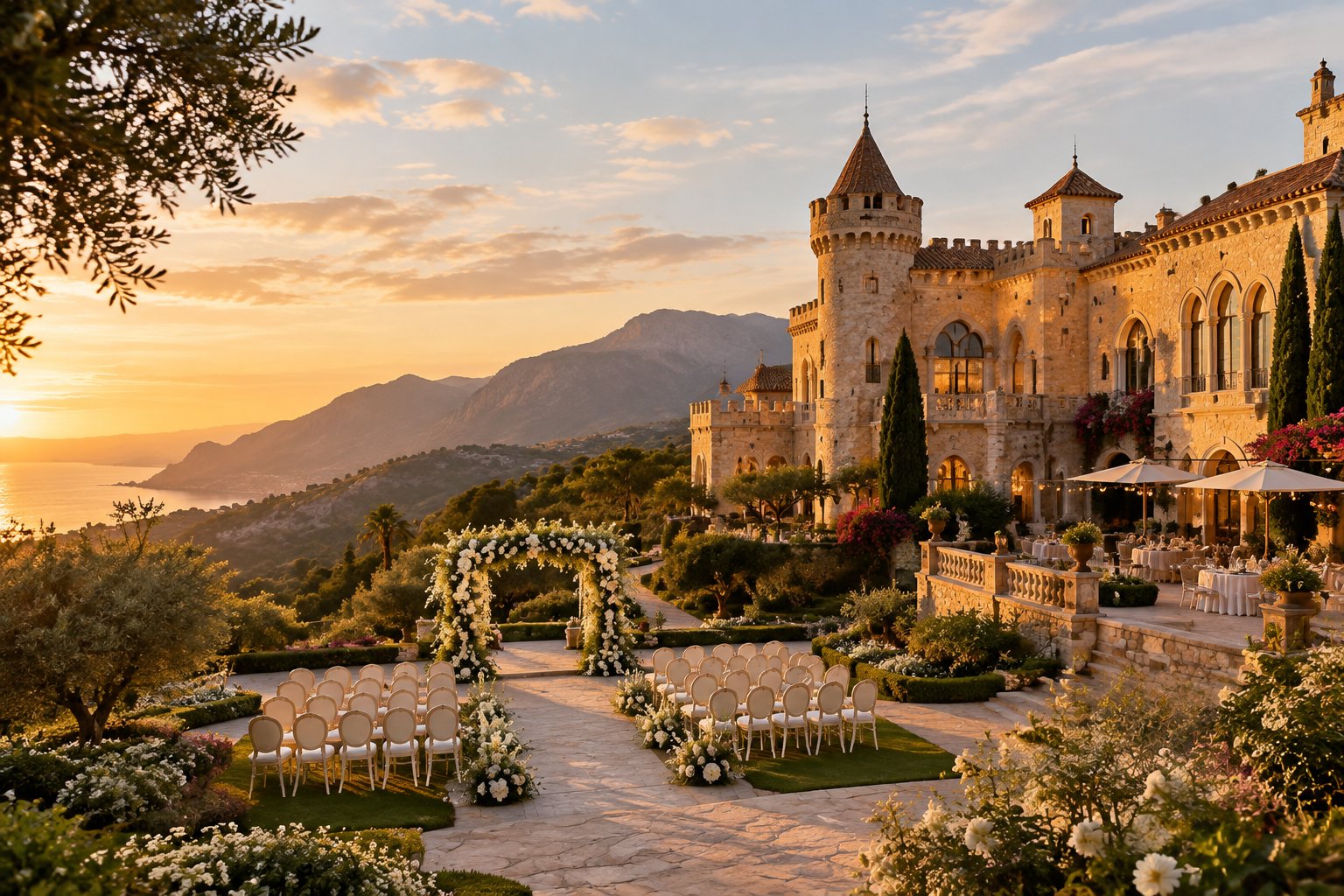 A castle-inspired wedding venue with gardens, ceremony seating, and desert mountains in the background.