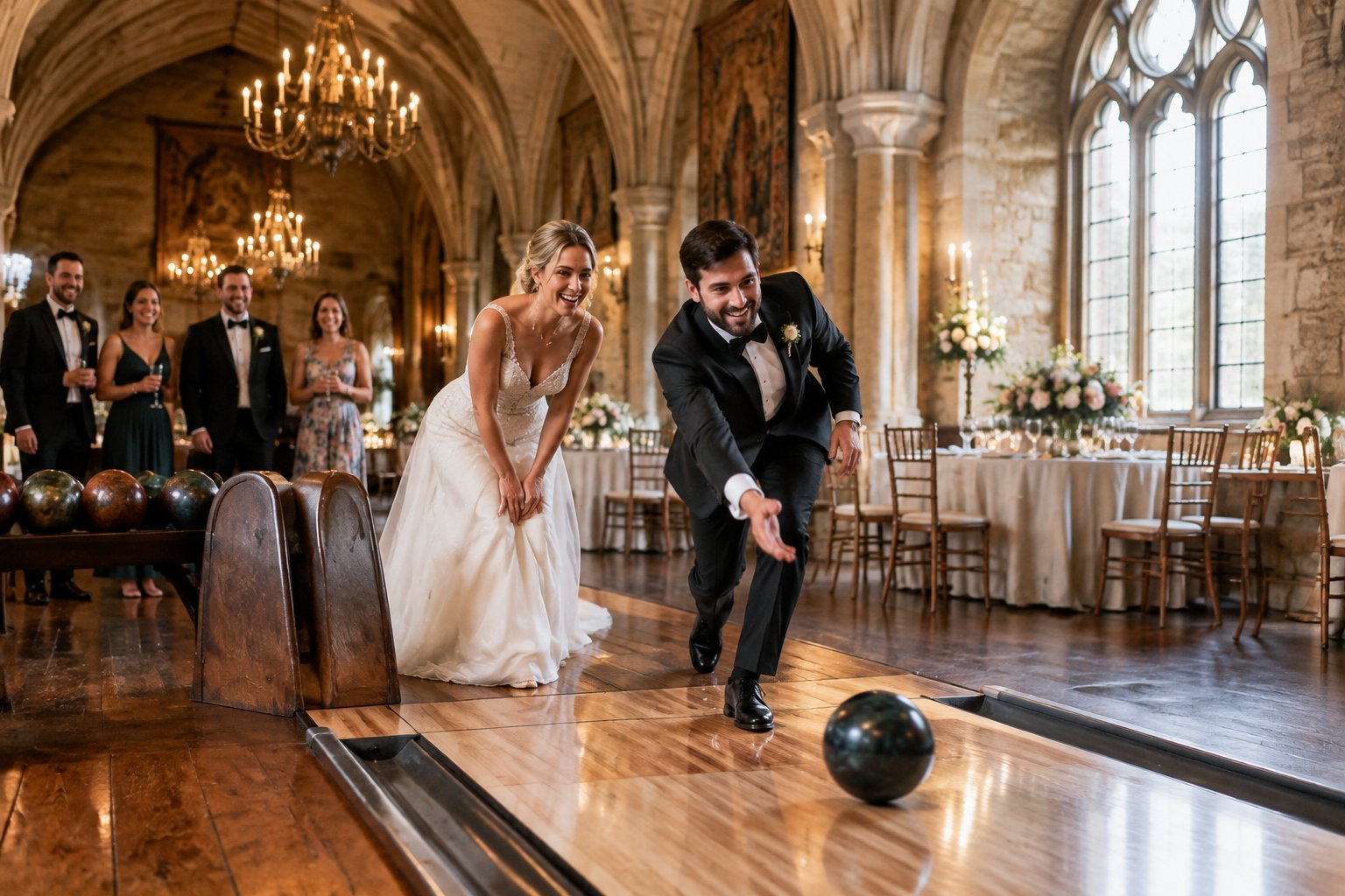 A bride and groom bowl inside an elegant historic castle wedding venue while guests watch nearby.