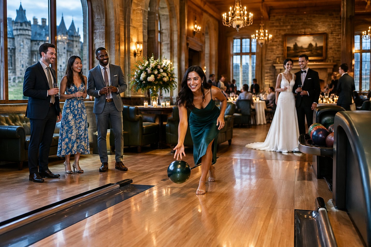 Wedding guests enjoy a bowling game inside an elegant castle venue.