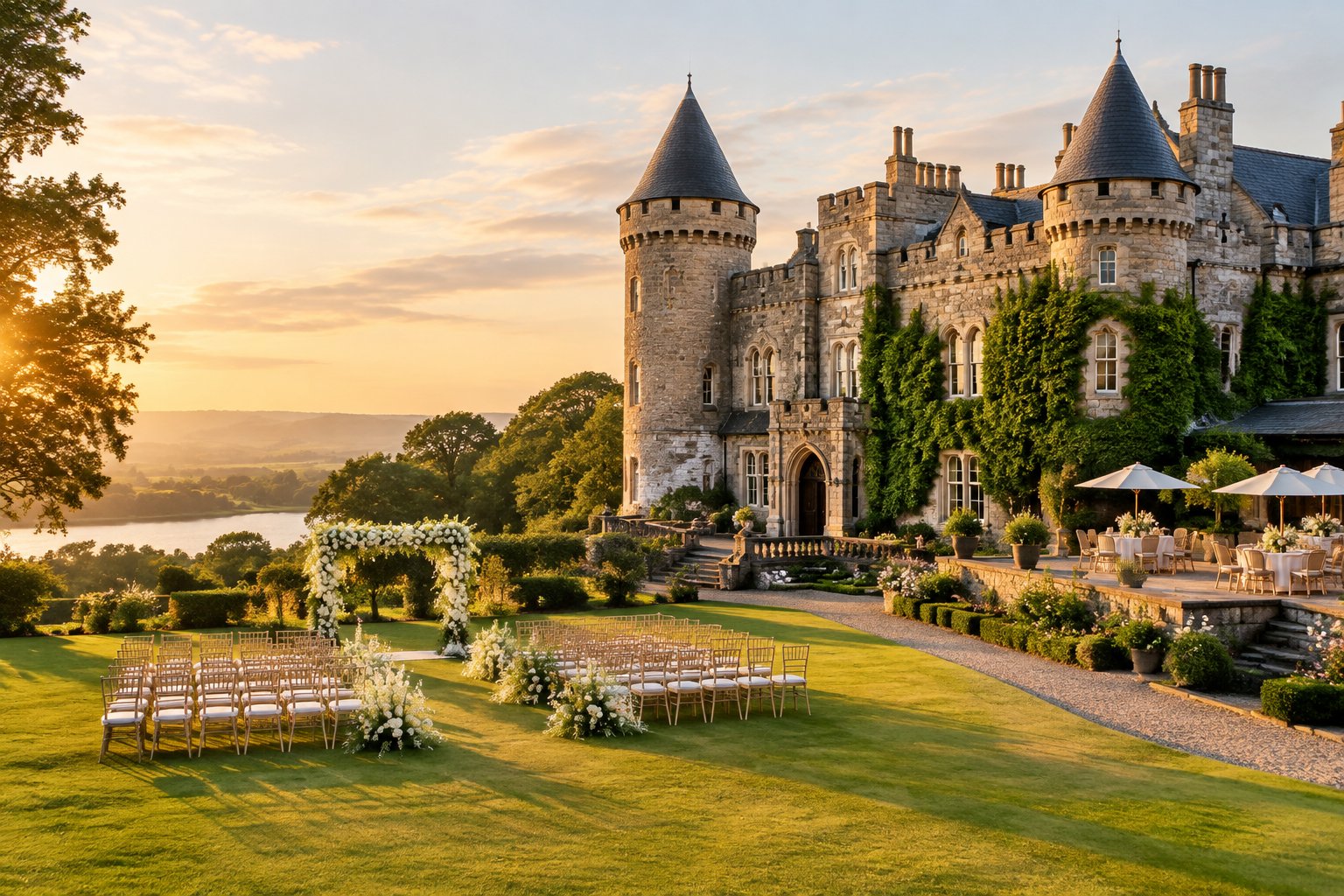 A grand stone castle surrounded by gardens with a decorated outdoor wedding ceremony area.