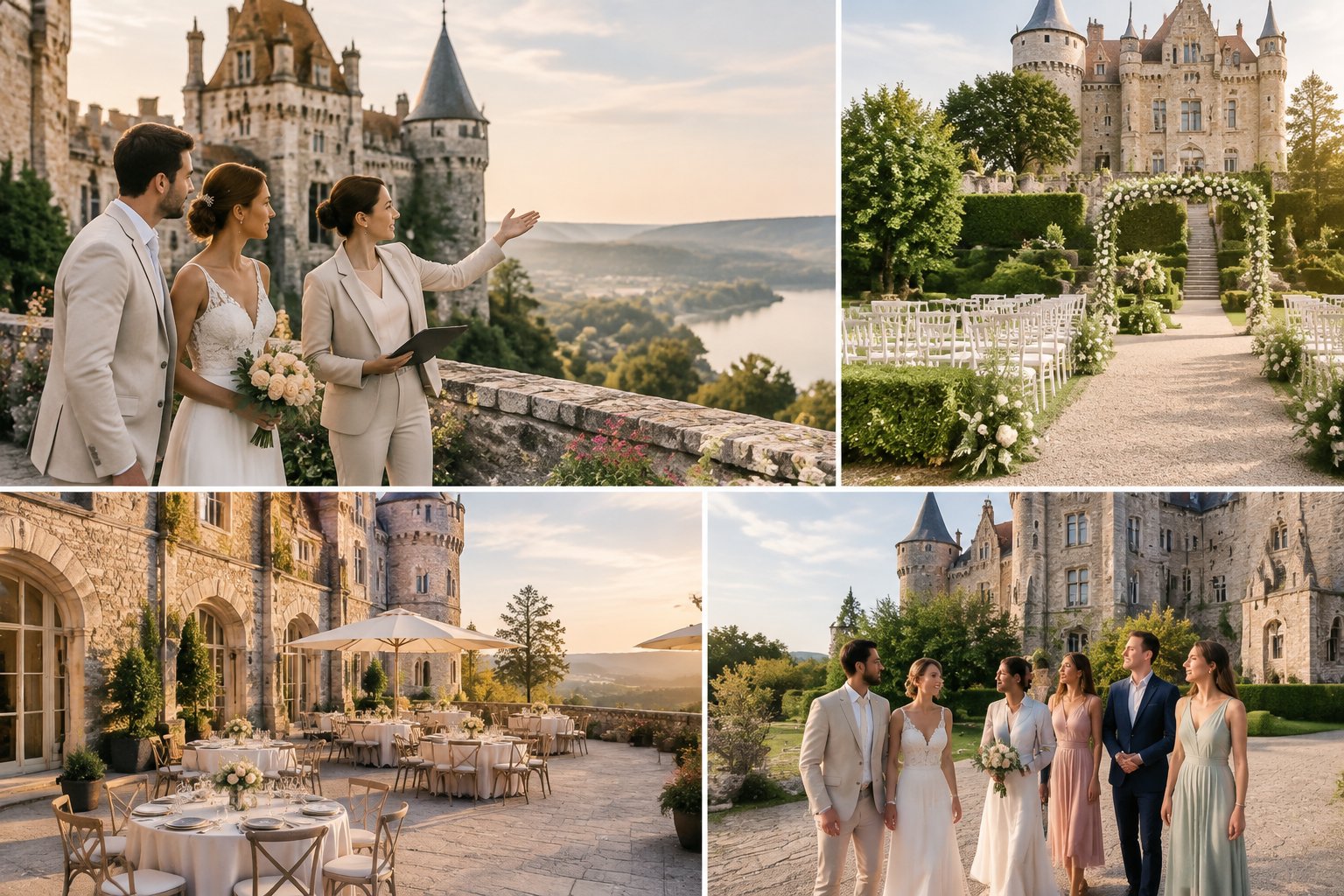 A couple and wedding guests tour the gardens and outdoor spaces of a grand castle wedding venue.