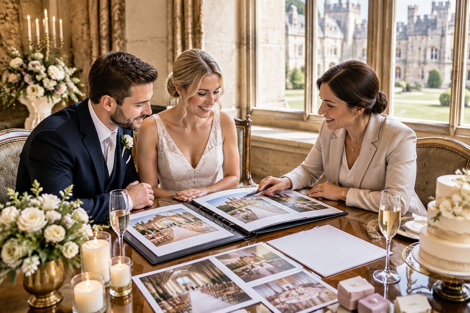 A couple meets with a wedding planner in an elegant castle room to review wedding package materials.