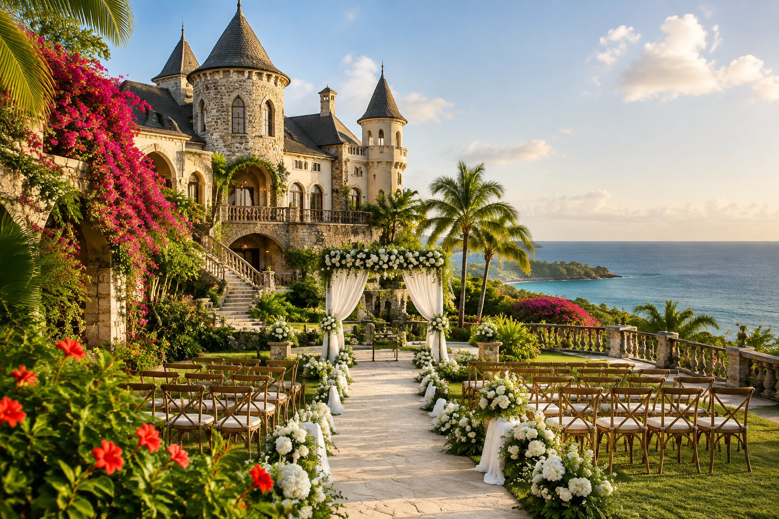 A castle-inspired wedding venue in Jamaica with tropical gardens, ocean views, and an outdoor ceremony setup.