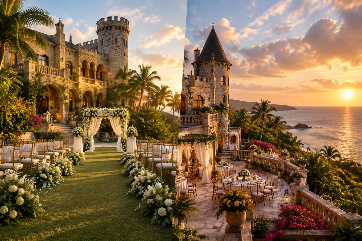 A tropical Jamaican castle wedding venue with stone turrets, elegant outdoor decorations, lush gardens, and a Caribbean backdrop.