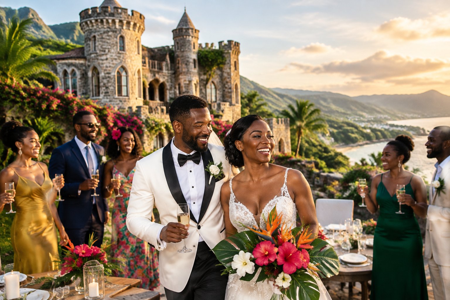 A newlywed couple and wedding guests celebrate outside a castle-style venue surrounded by tropical Jamaican gardens.