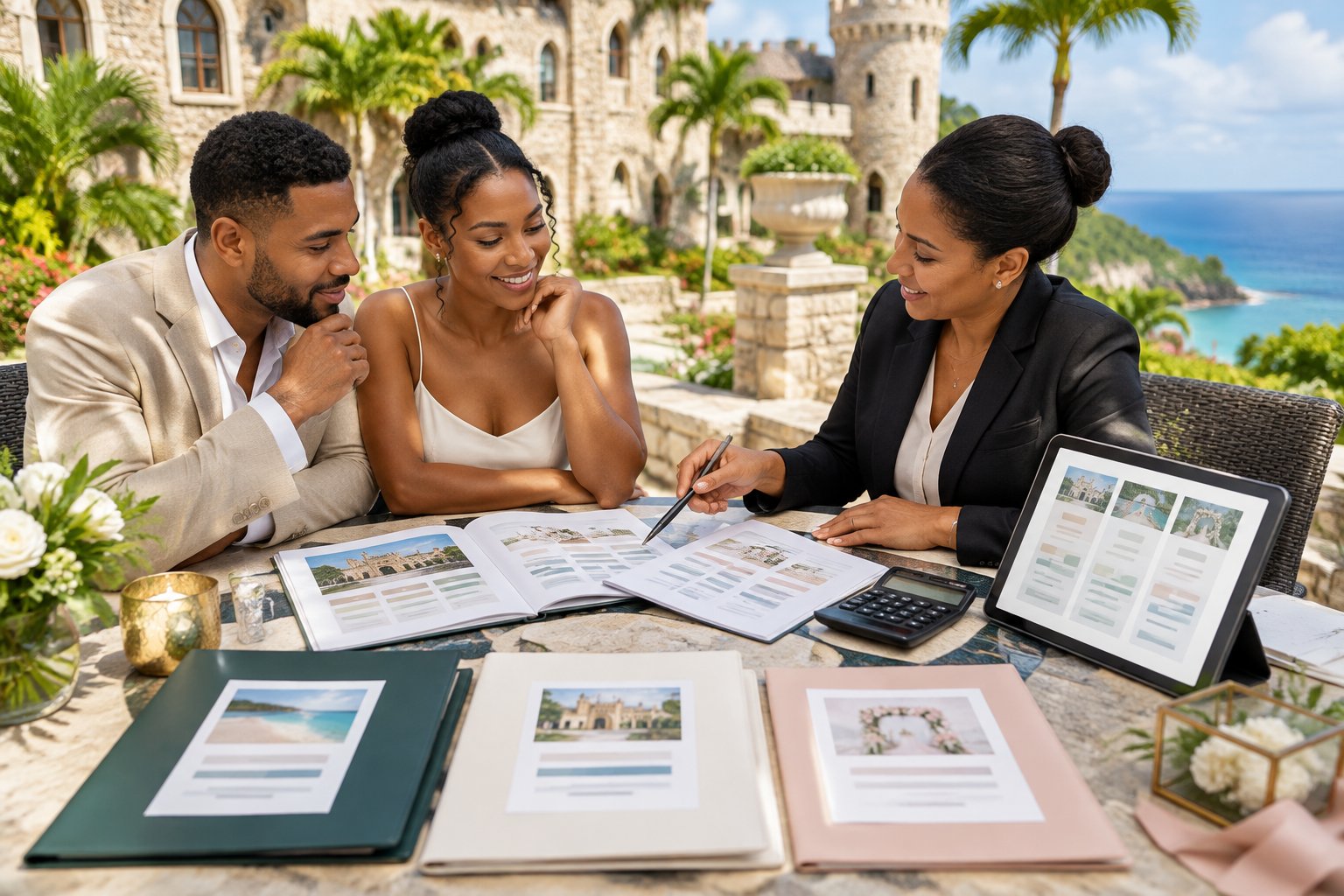 A couple compares wedding package documents with a venue coordinator at a Jamaican castle wedding venue.