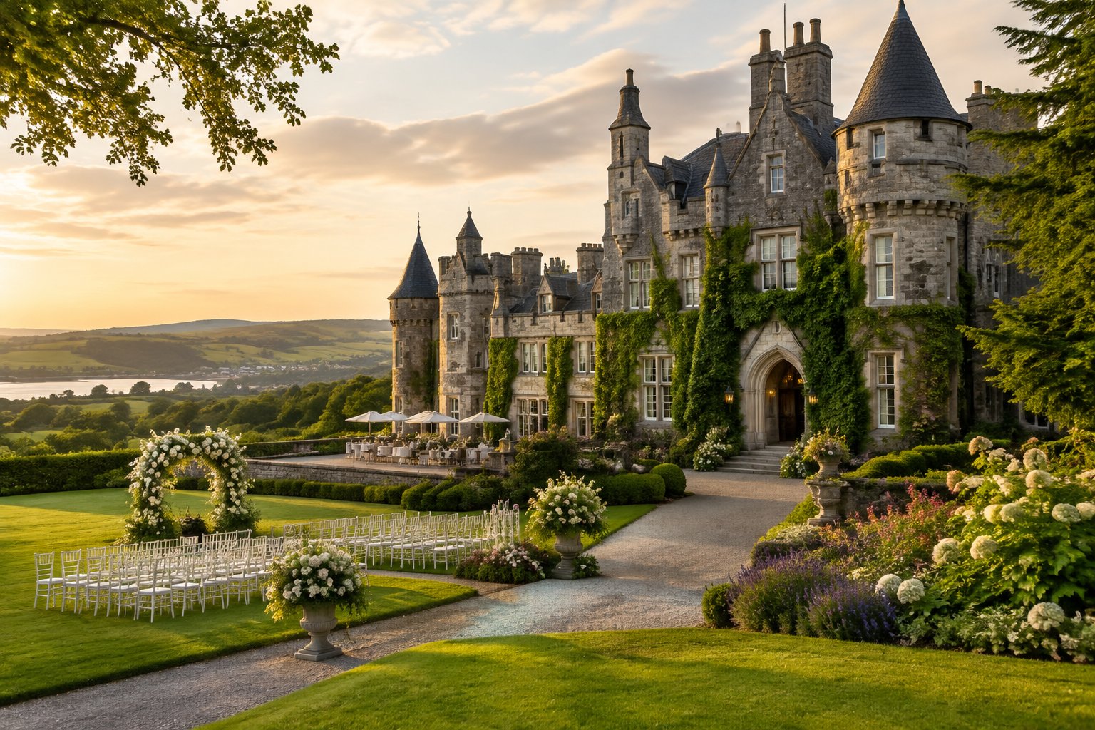 A historic stone castle wedding venue surrounded by landscaped gardens and green countryside.
