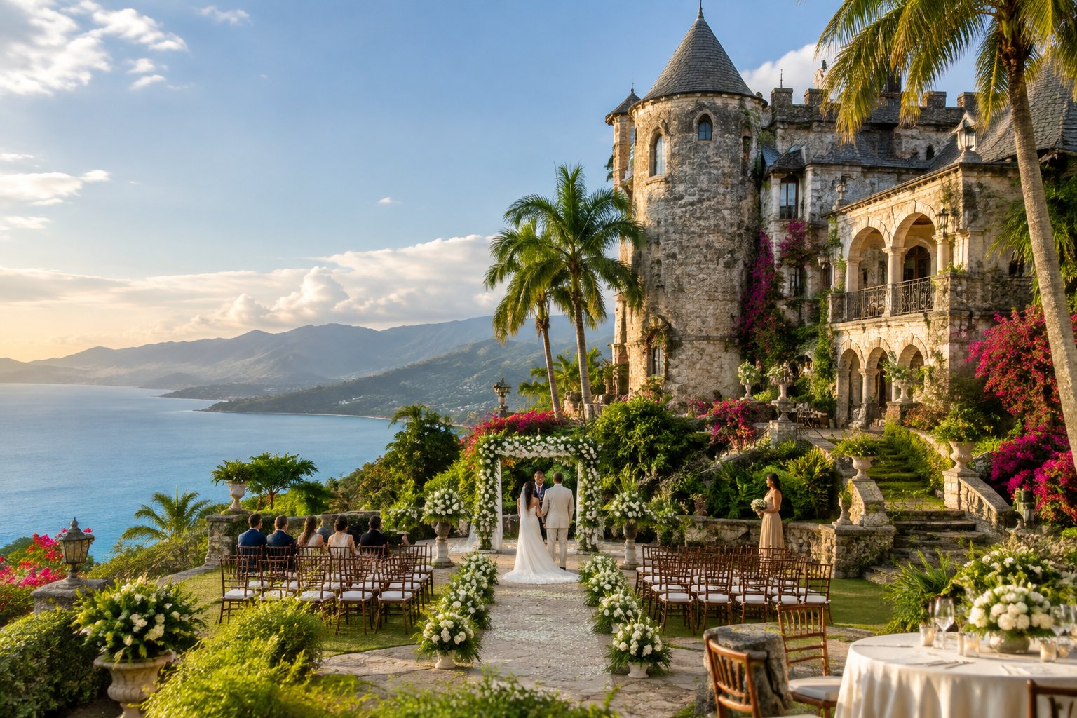 A luxury castle-inspired wedding venue surrounded by tropical gardens in Jamaica.