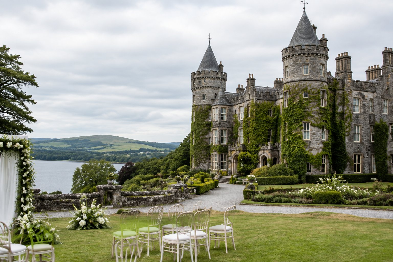 A historic stone castle surrounded by green lawns and gardens in the Irish countryside.