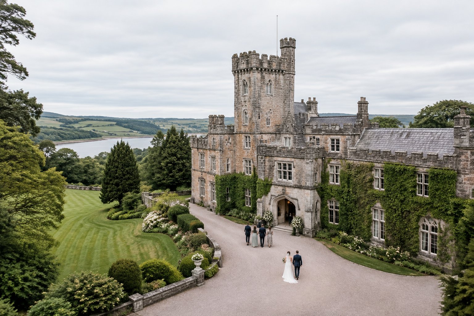 A historic stone castle wedding venue surrounded by green countryside, with a bride, groom, and guests near the entrance.