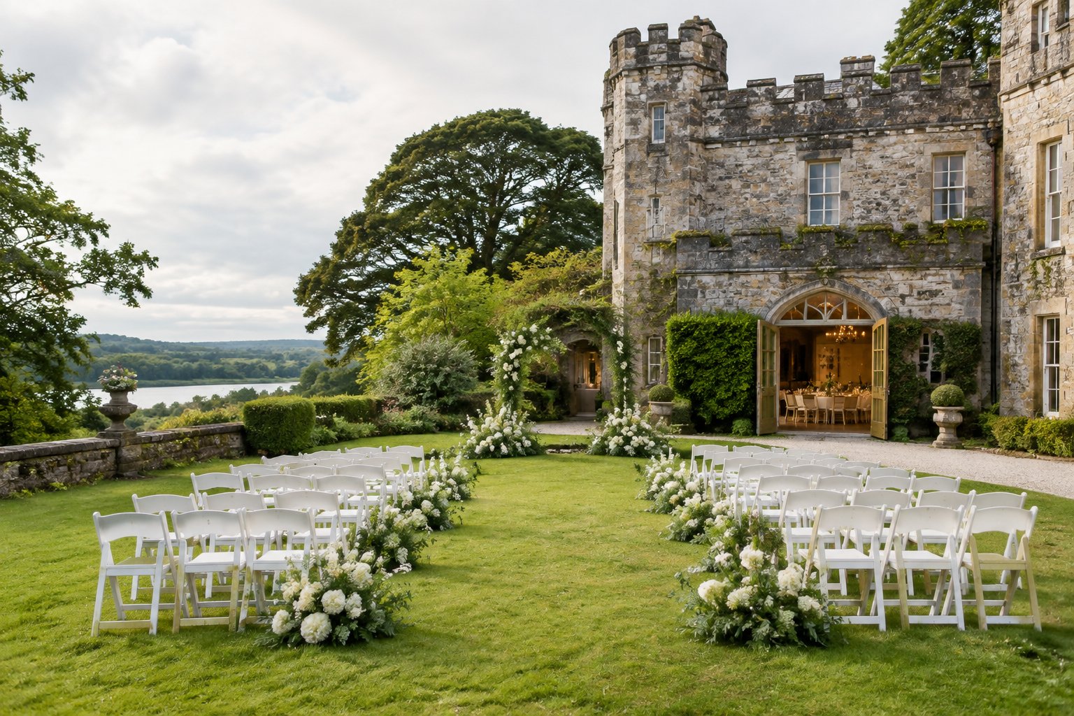 Elegant historic wedding venue with stone architecture, garden seating, and white floral decorations.