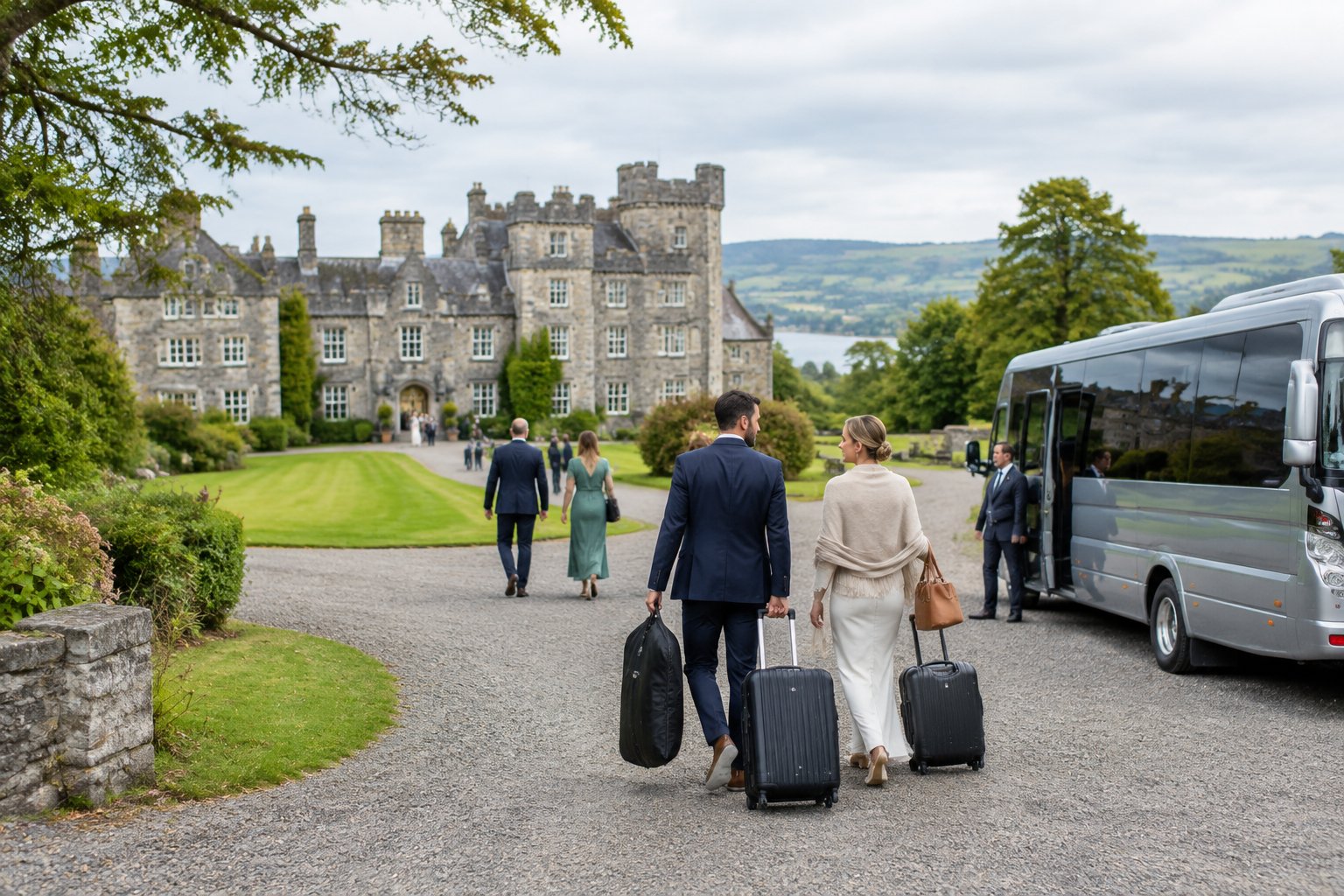 Wedding guests with luggage arrive by shuttle at a historic castle venue in the Irish countryside.